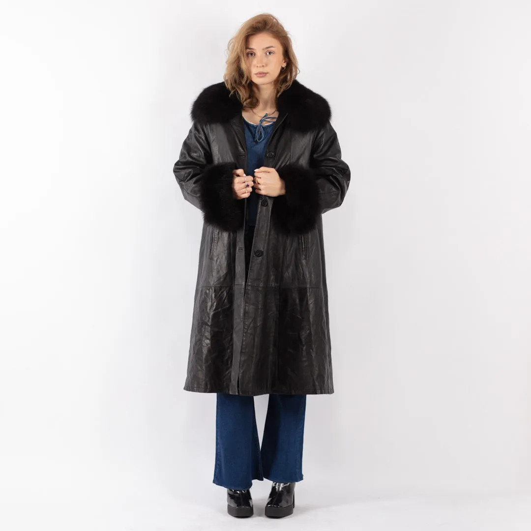 Vintage 70's Women Leather Fur Long Coat in Black