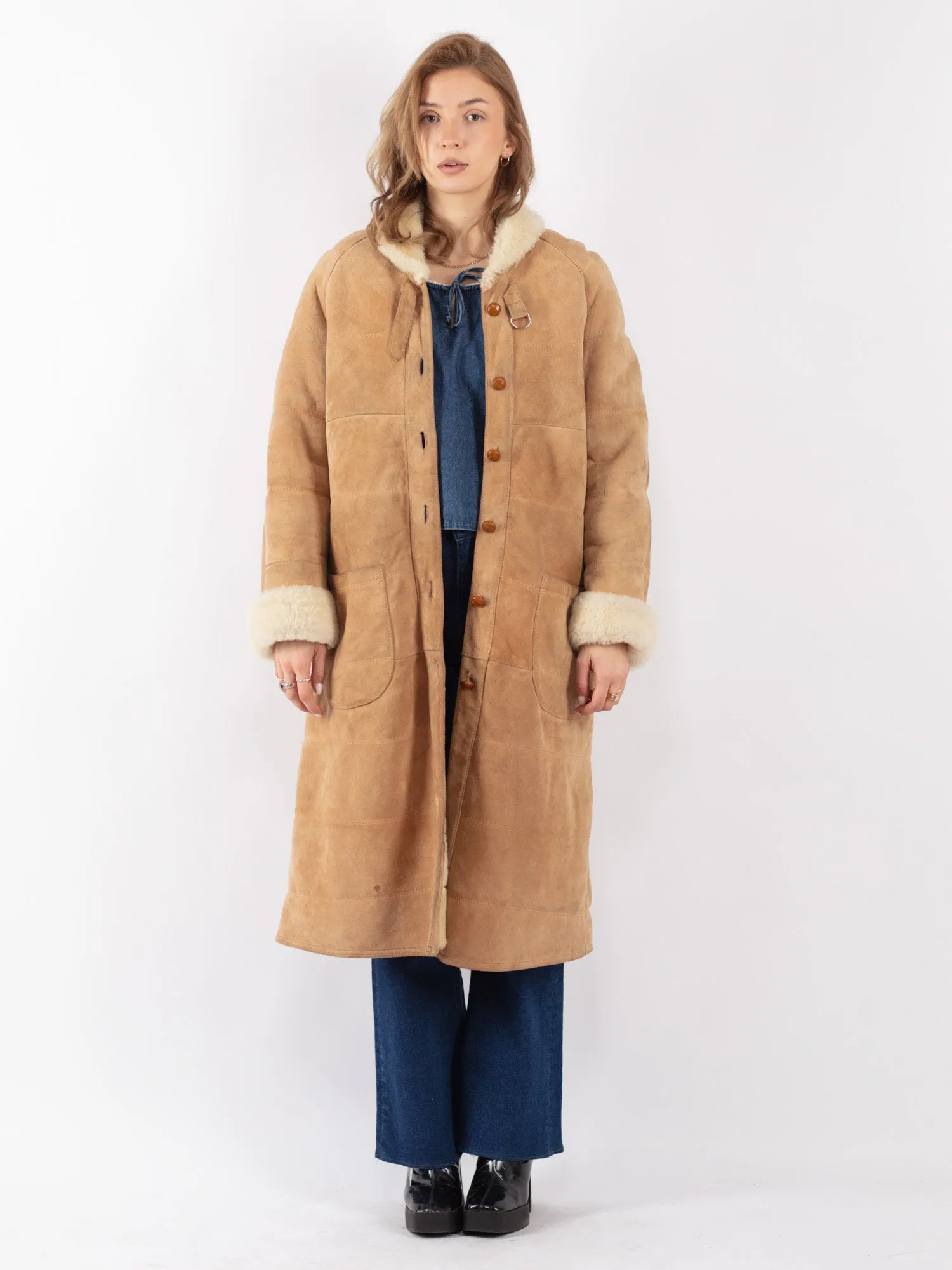 Vintage 70's Women Sheepskin Long Coat in Beige