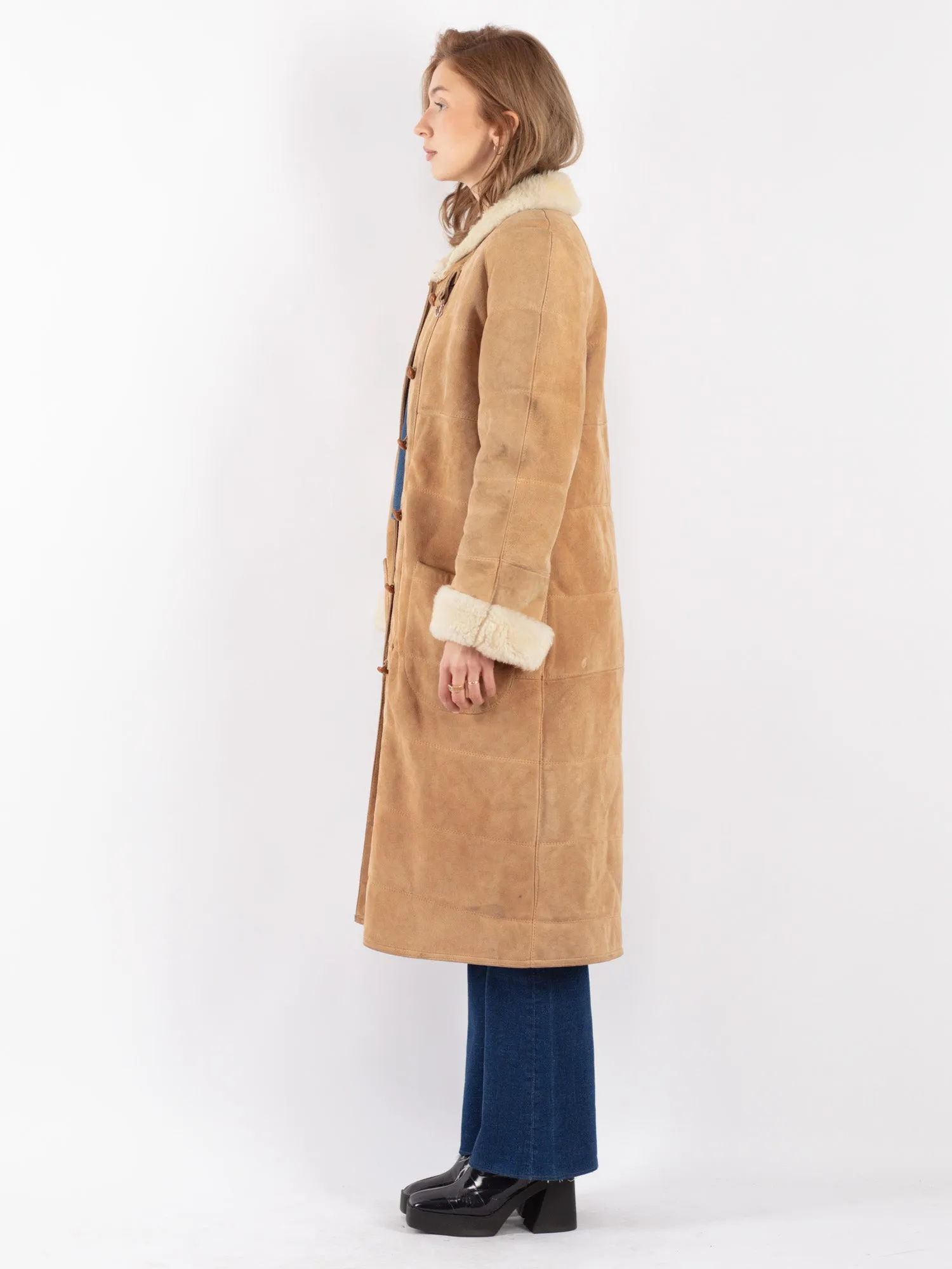 Vintage 70's Women Sheepskin Long Coat in Beige