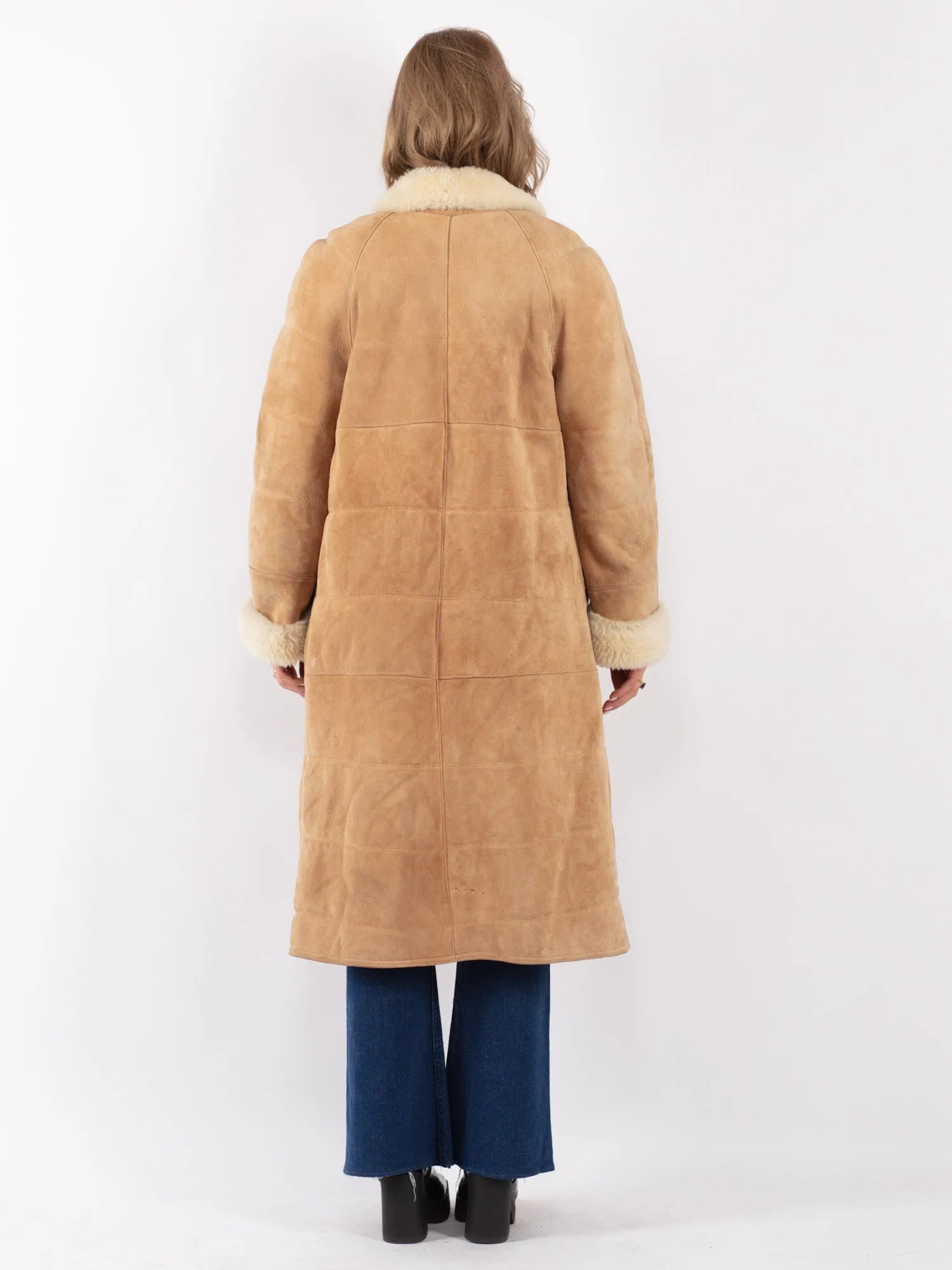 Vintage 70's Women Sheepskin Long Coat in Beige