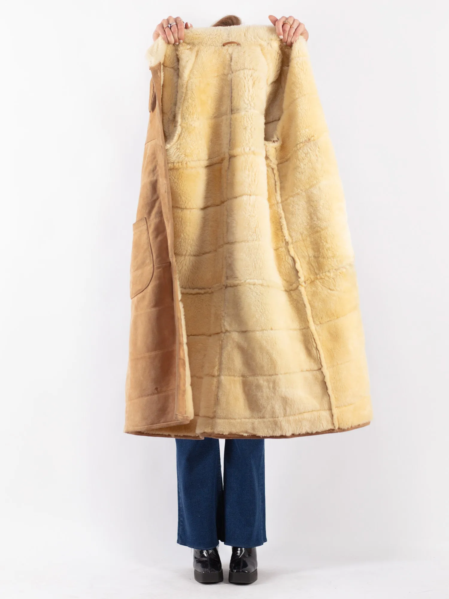 Vintage 70's Women Sheepskin Long Coat in Beige