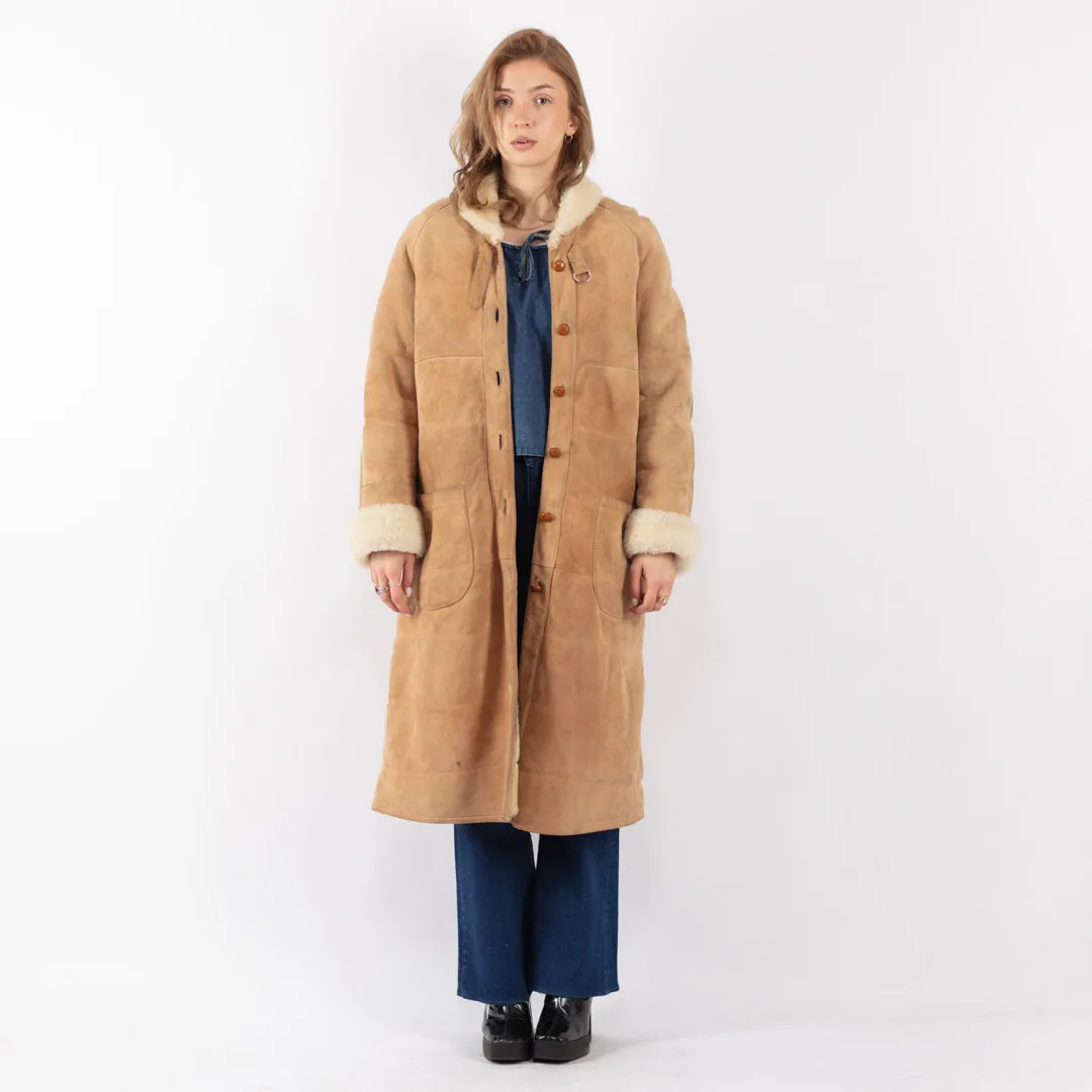 Vintage 70's Women Sheepskin Long Coat in Beige