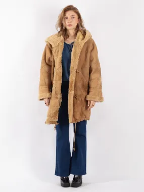 Vintage 80's Women Hooded Sheepskin Coat in Beige