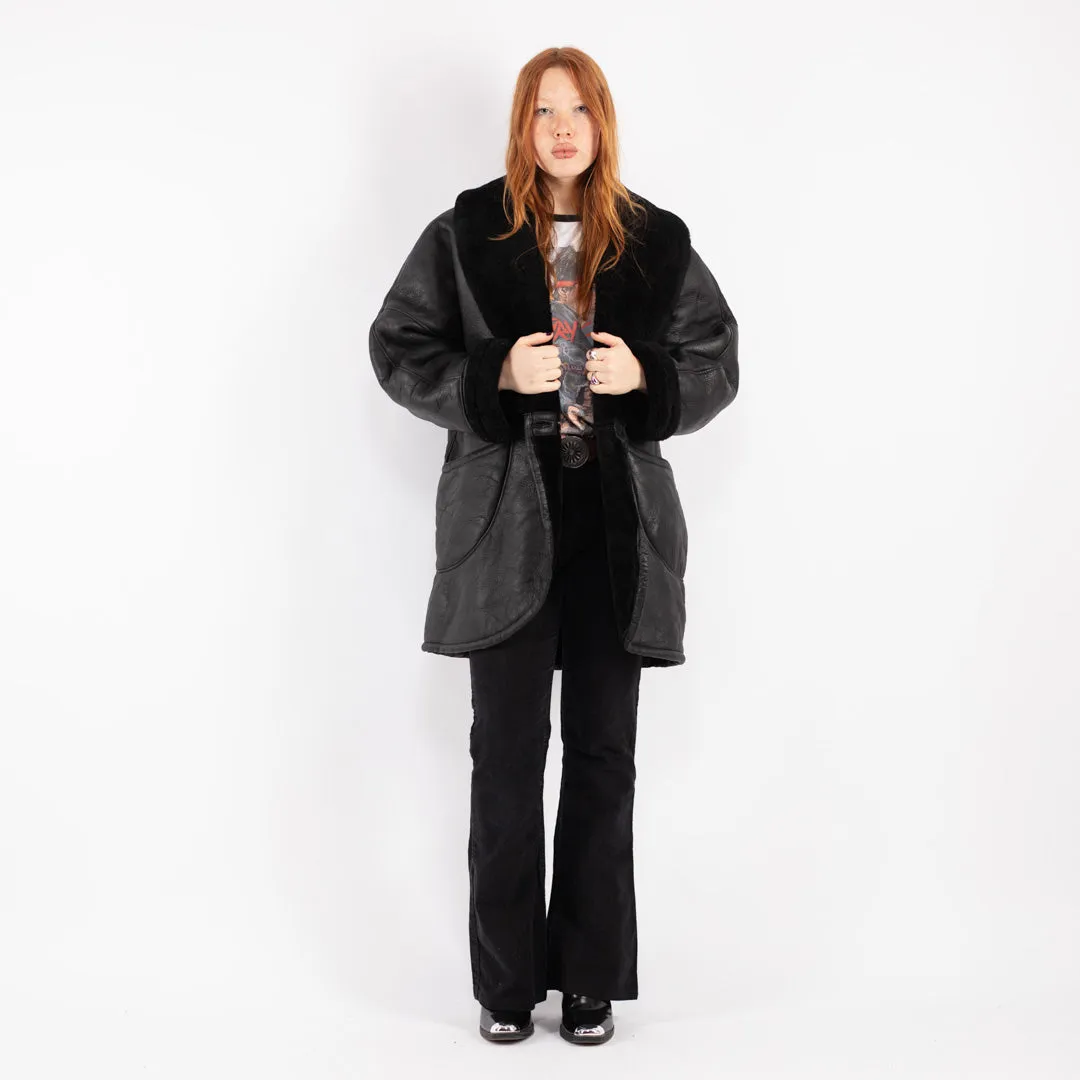 Vintage 80's Women Oversized Sheepskin Coat in Black