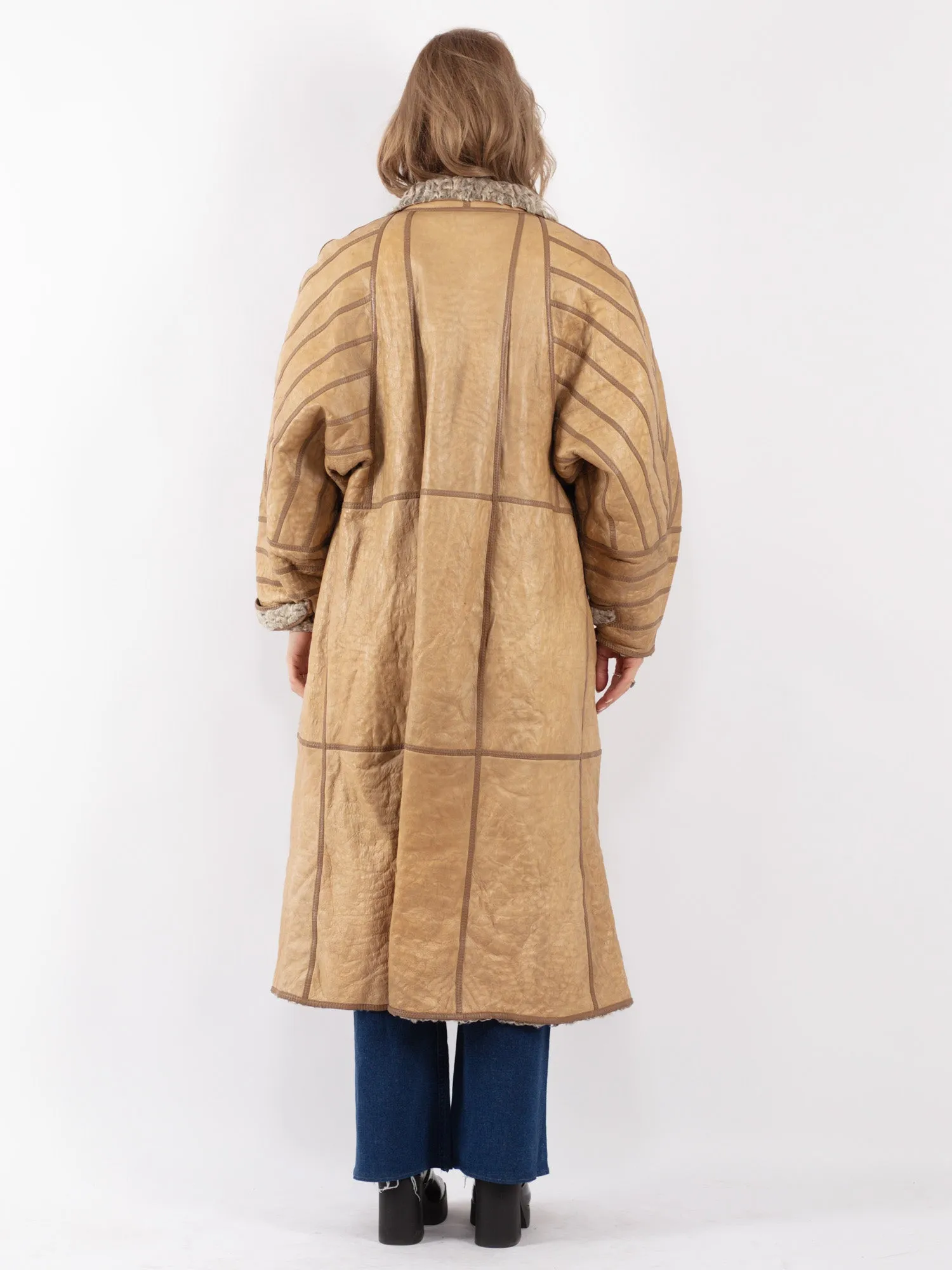 Vintage 80's Women Sheepskin Long Coat in Beige