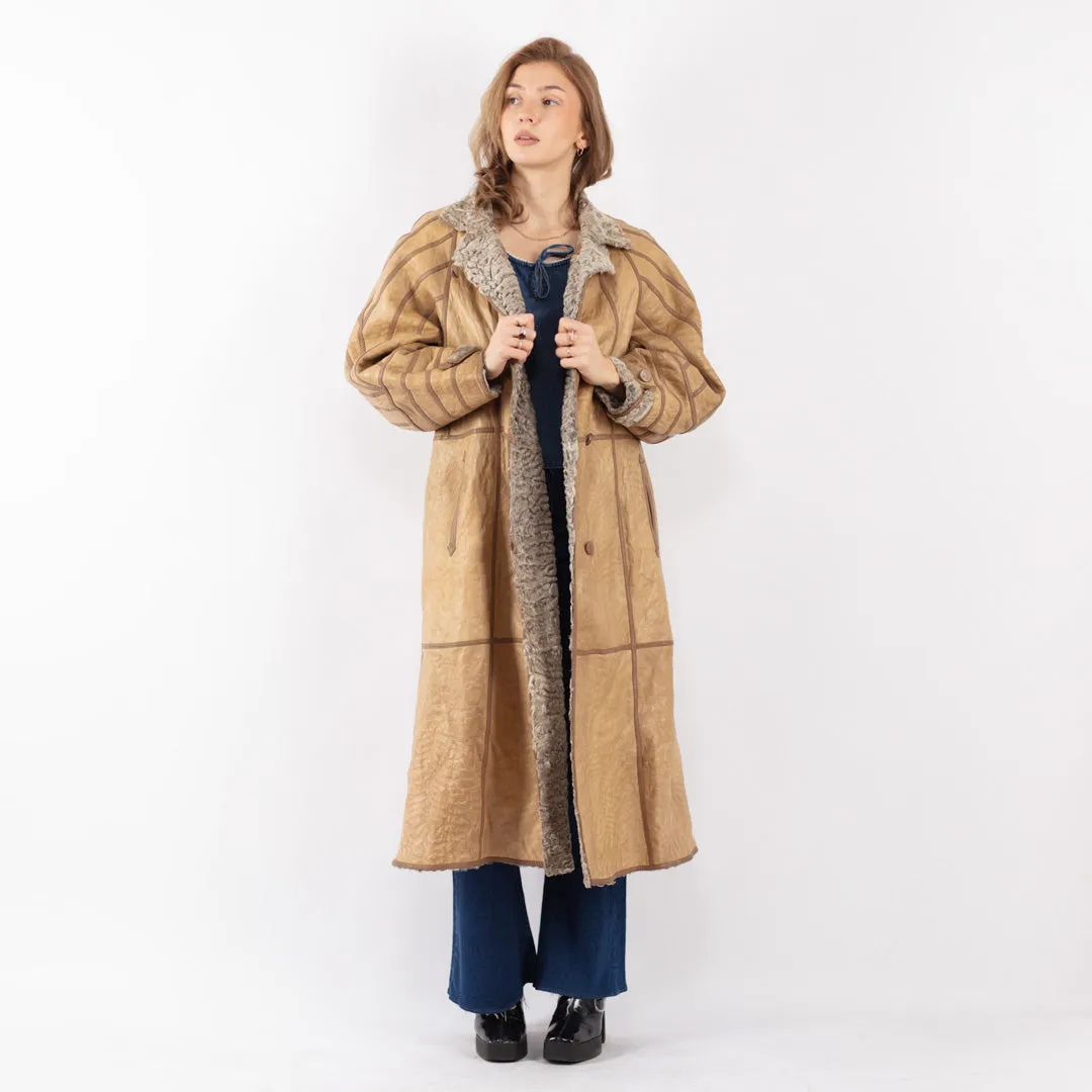 Vintage 80's Women Sheepskin Long Coat in Beige