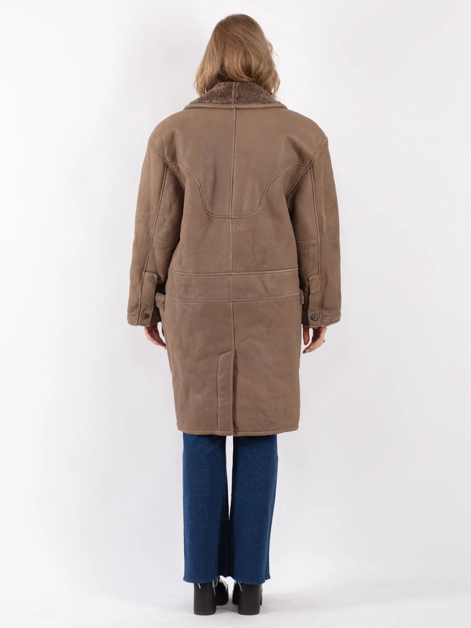 Vintage 80's Women Sheepskin Shearling Coat in Beige