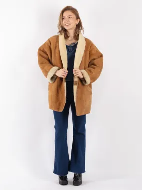 Vintage 80's Women Sheepskin Shearling Coat in Brown