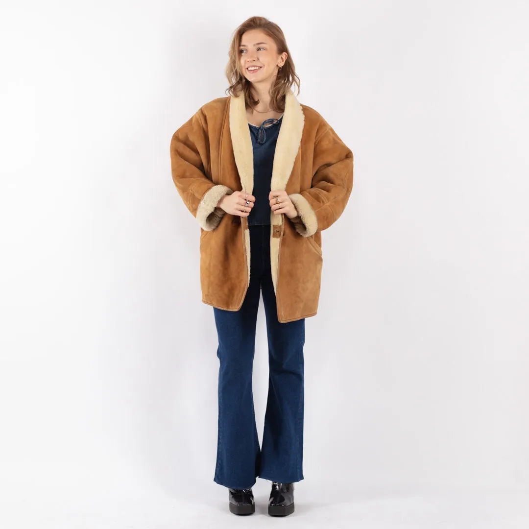 Vintage 80's Women Sheepskin Shearling Coat in Brown