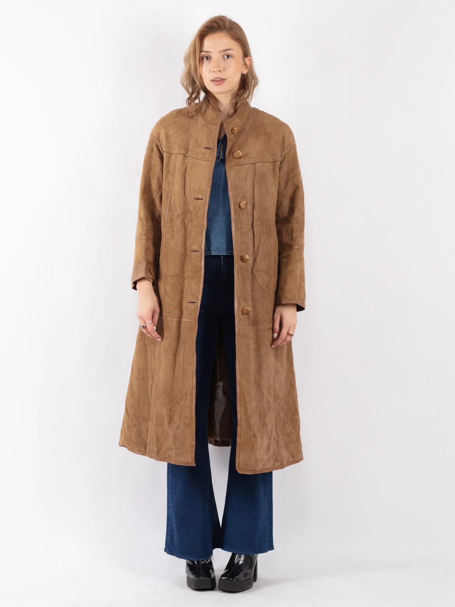 Vintage 80's Women Suede Fur Long Coat in Beige