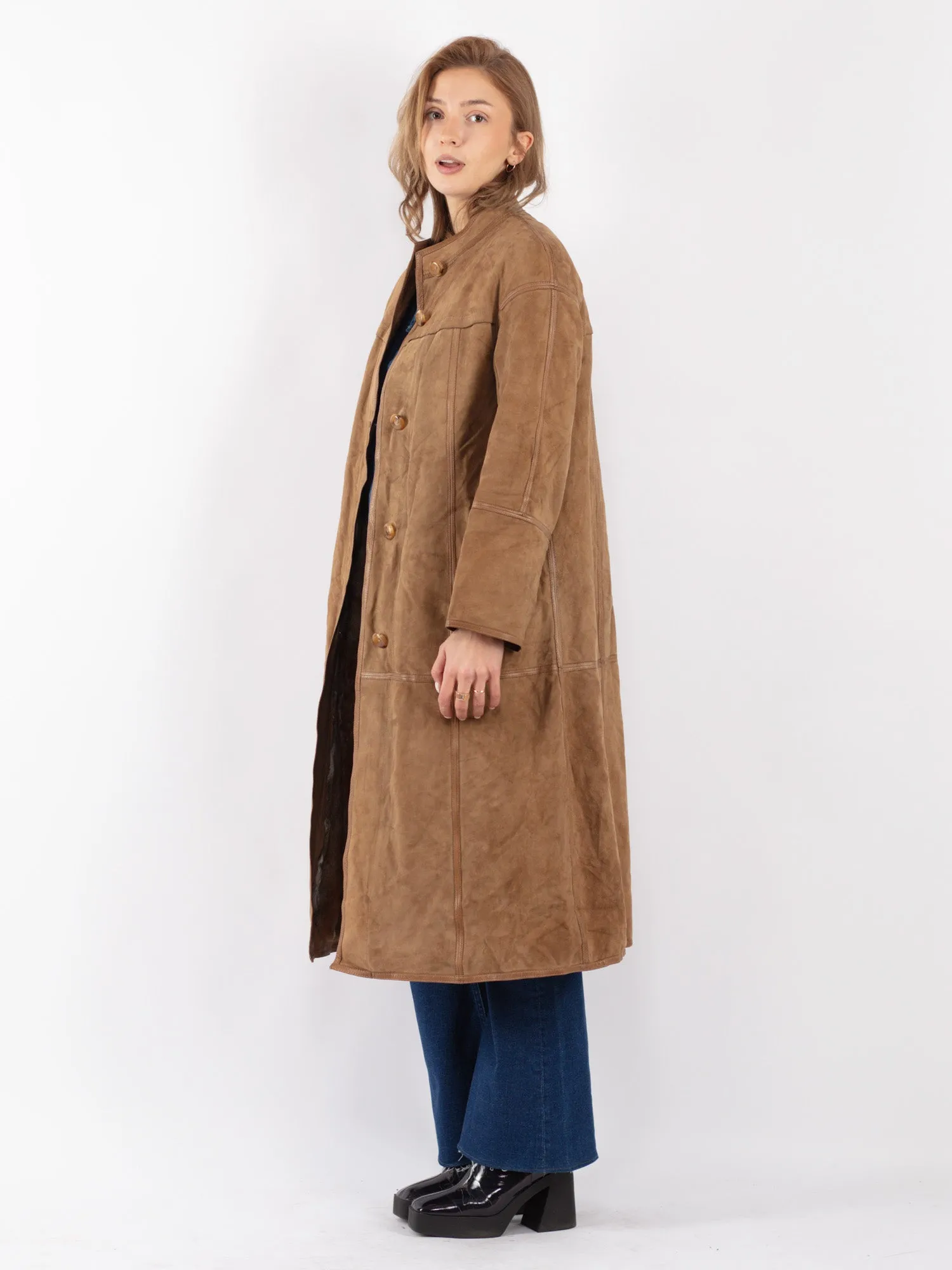 Vintage 80's Women Suede Fur Long Coat in Beige