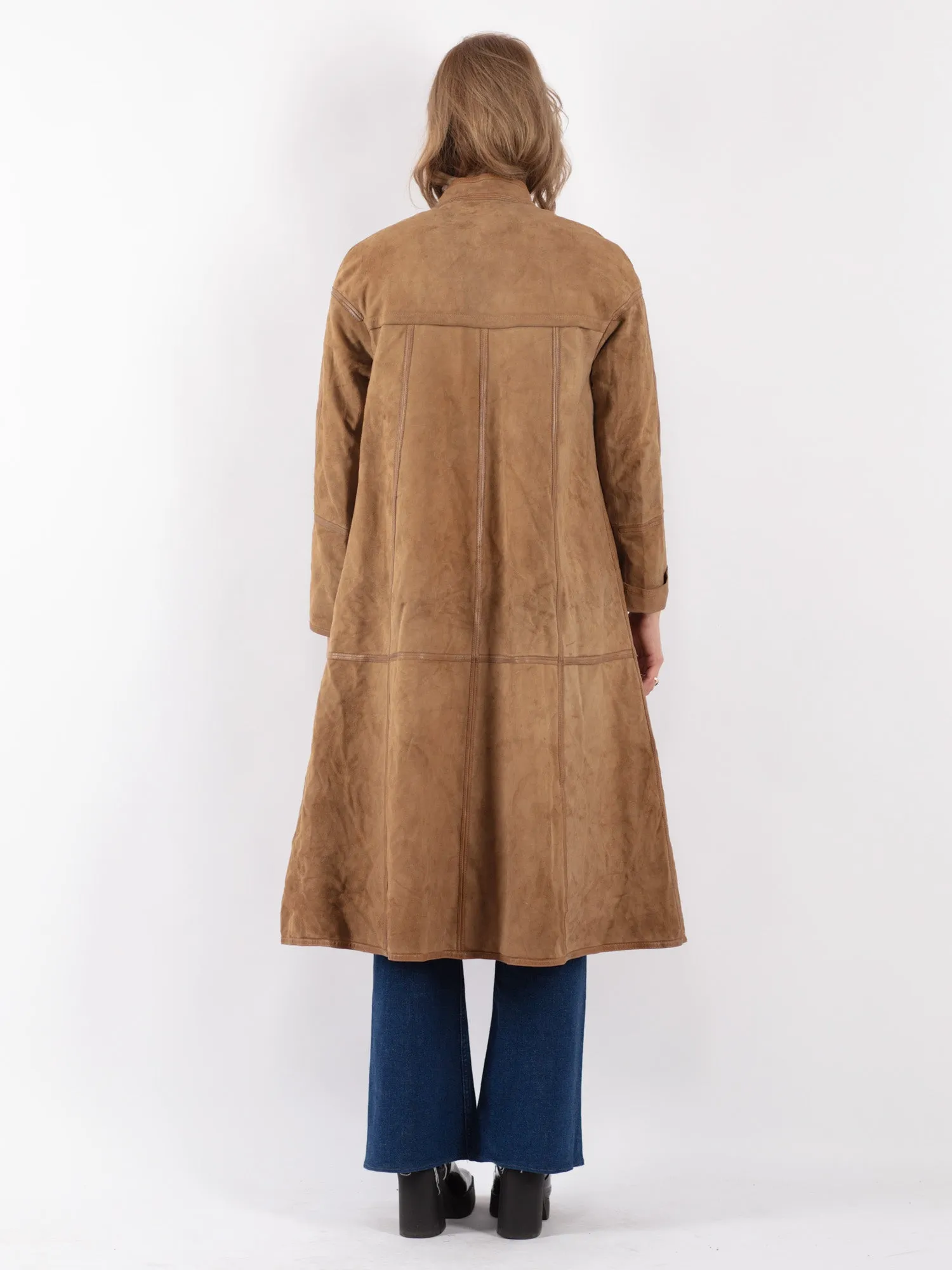 Vintage 80's Women Suede Fur Long Coat in Beige