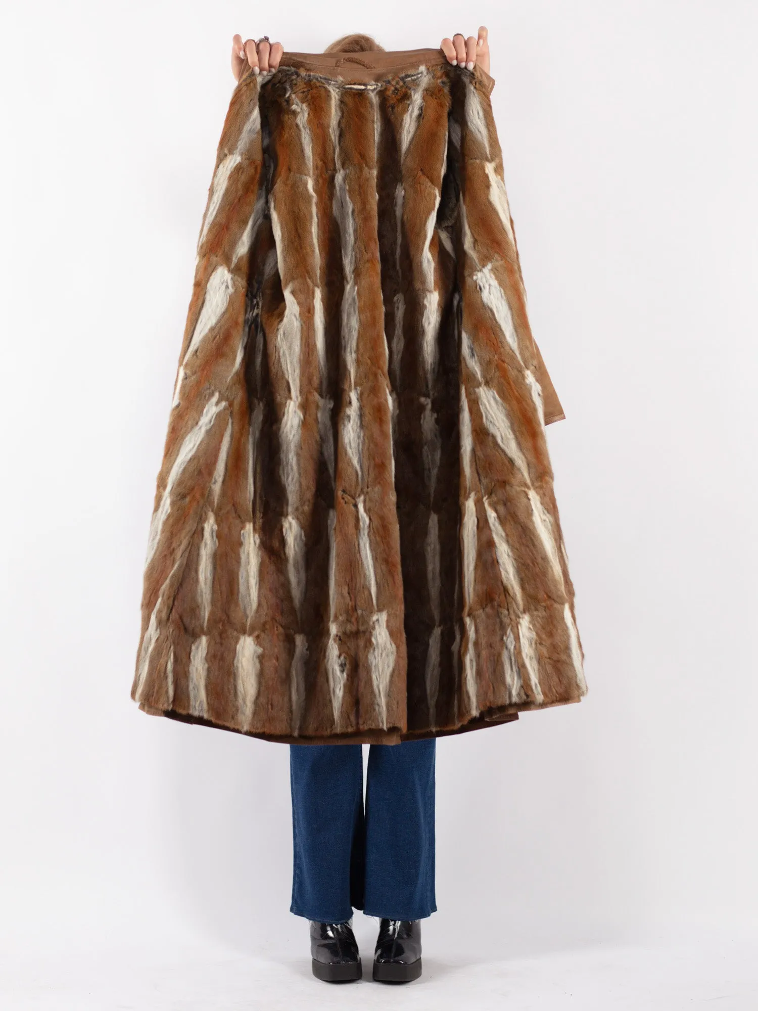 Vintage 80's Women Suede Fur Long Coat in Beige