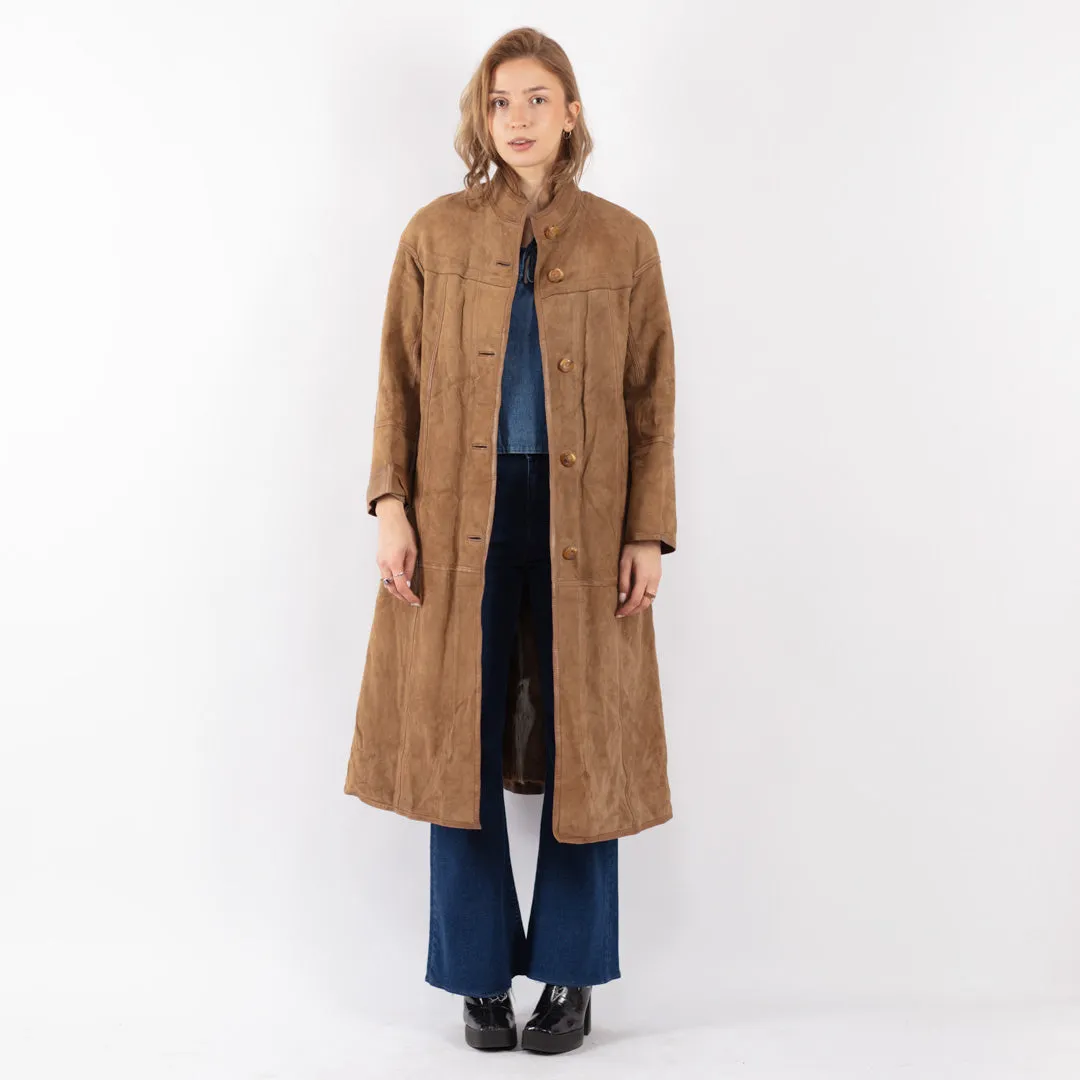 Vintage 80's Women Suede Fur Long Coat in Beige