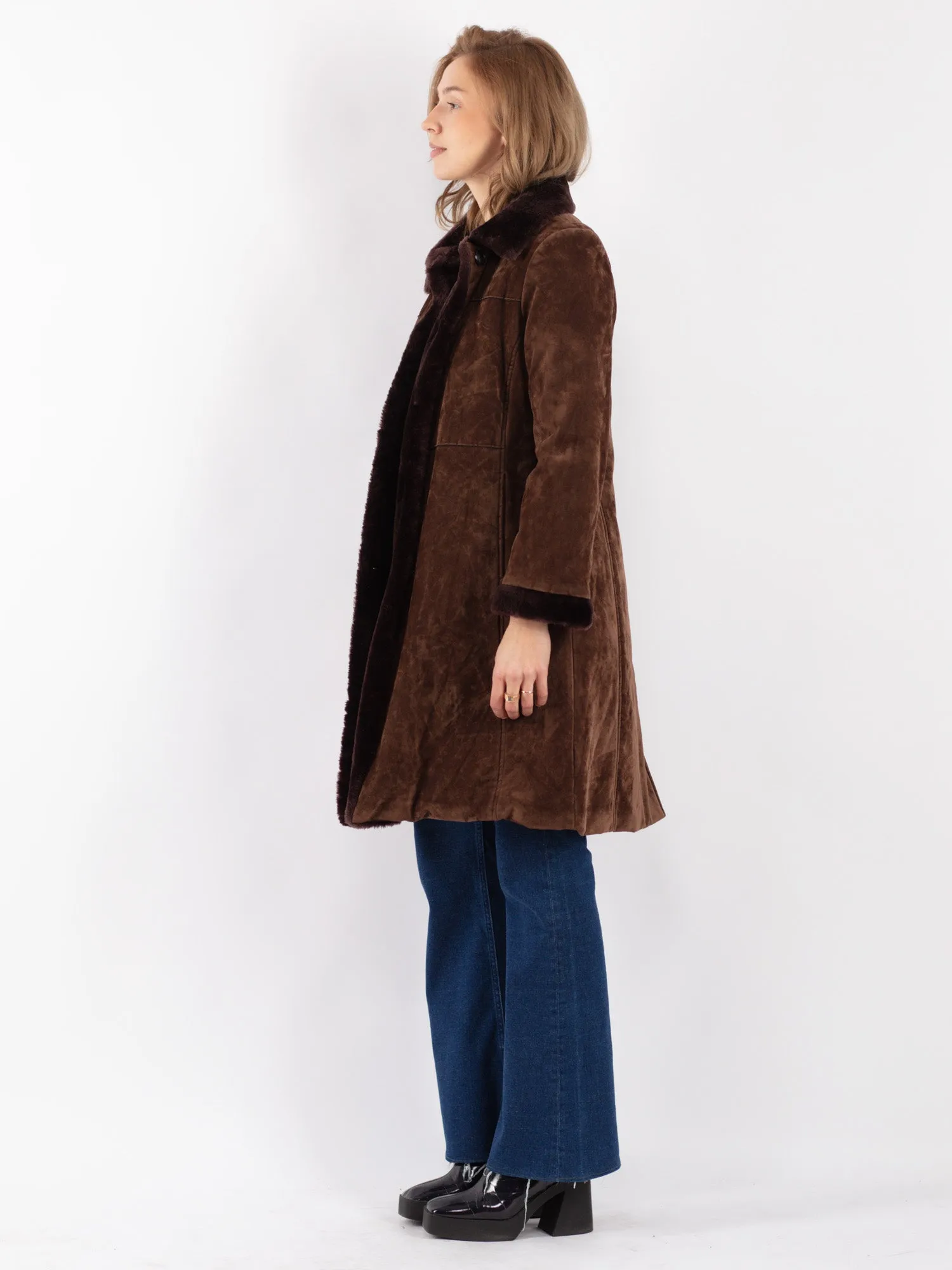 Vintage 90's Women Faux Sheepskin Coat in Brown