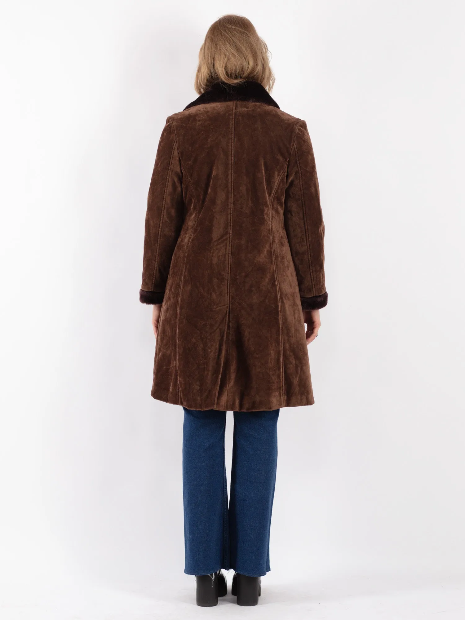 Vintage 90's Women Faux Sheepskin Coat in Brown