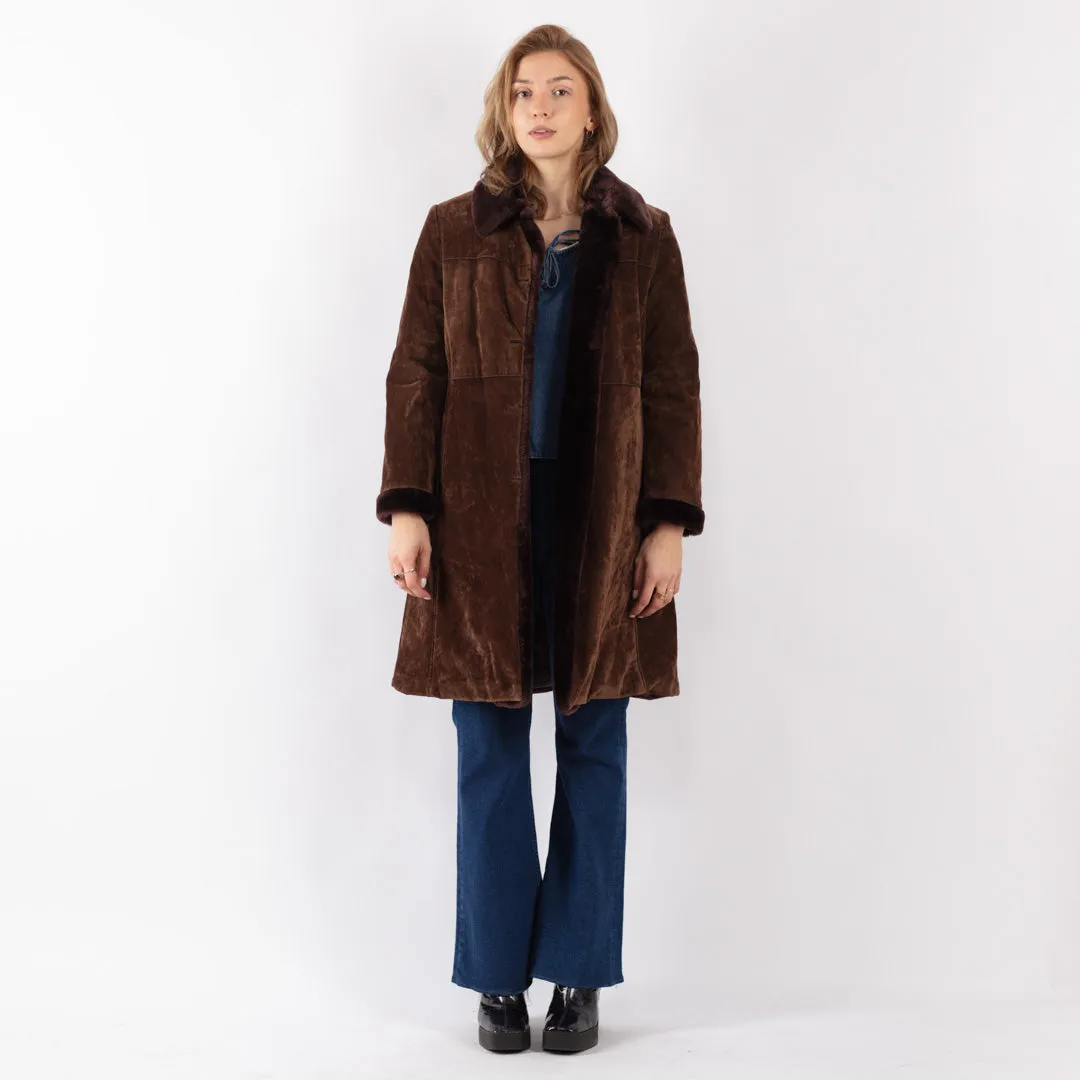 Vintage 90's Women Faux Sheepskin Coat in Brown