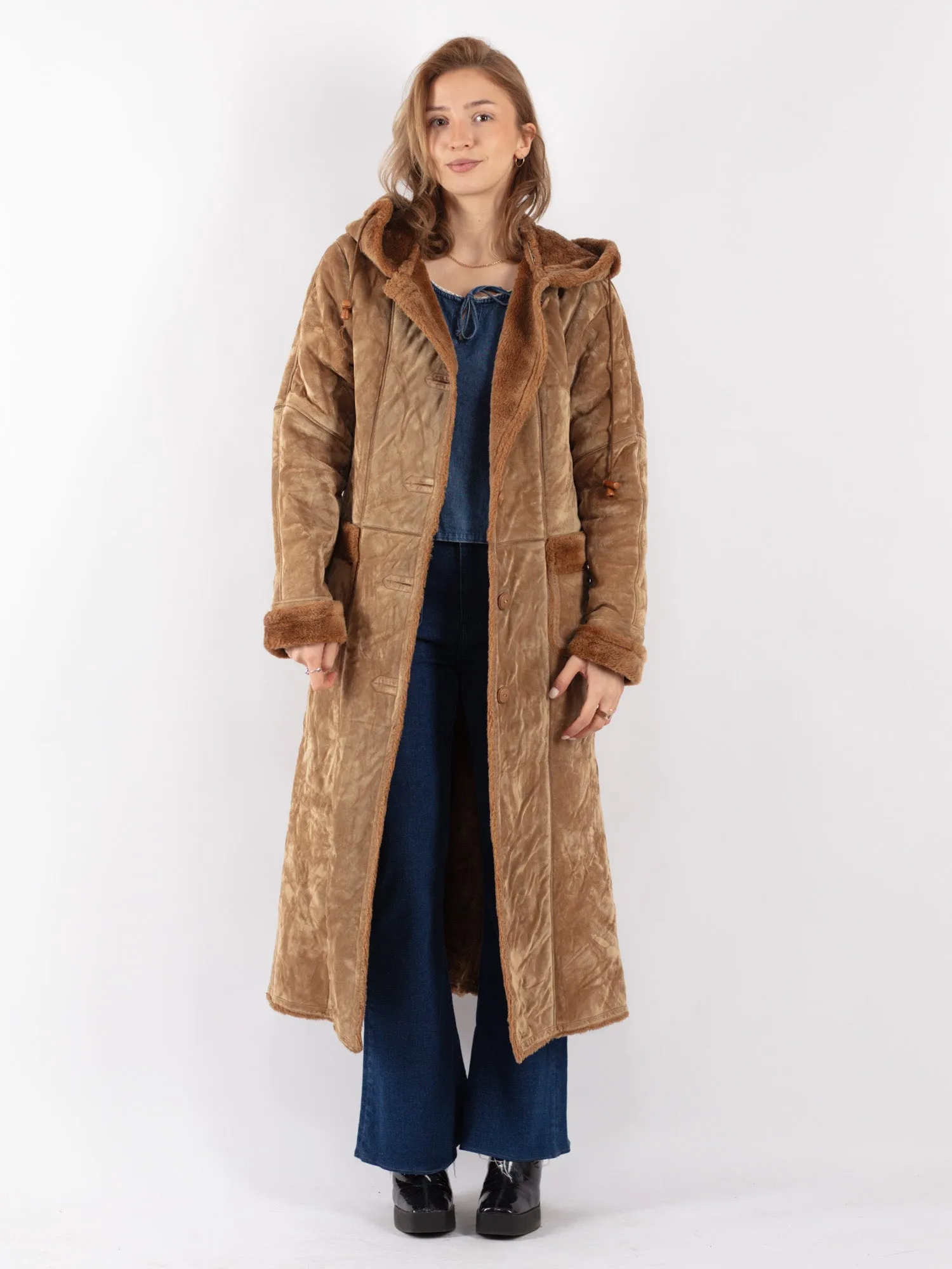 Vintage 90's Women Faux Sheepskin Long Coat in Beige