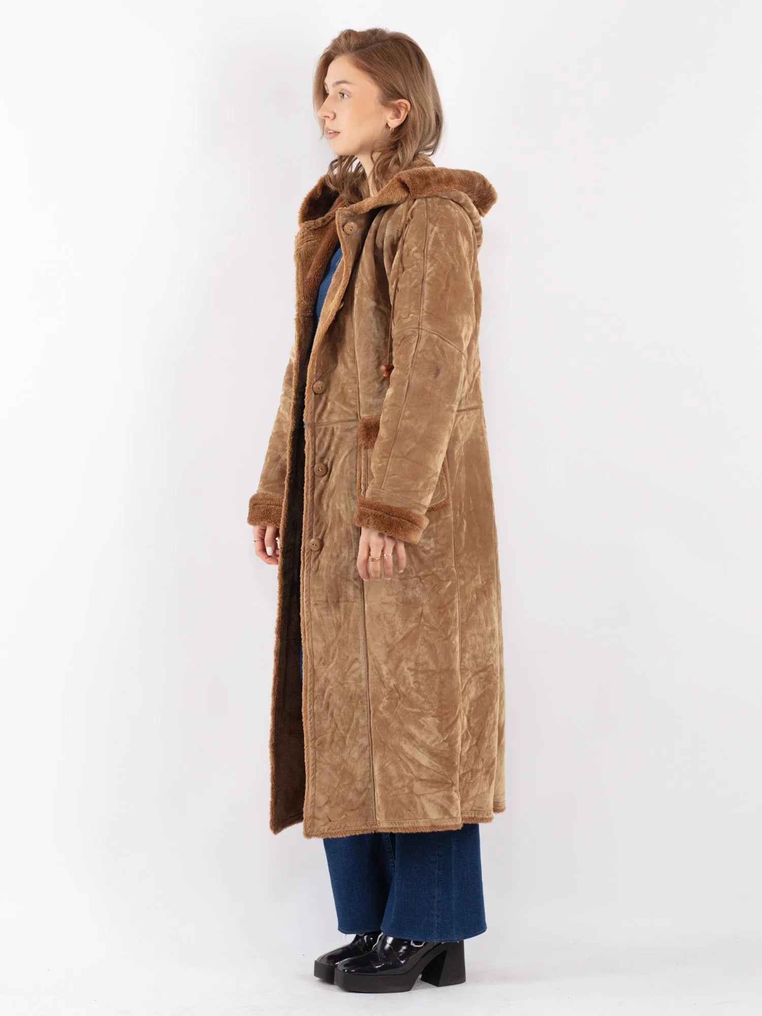 Vintage 90's Women Faux Sheepskin Long Coat in Beige