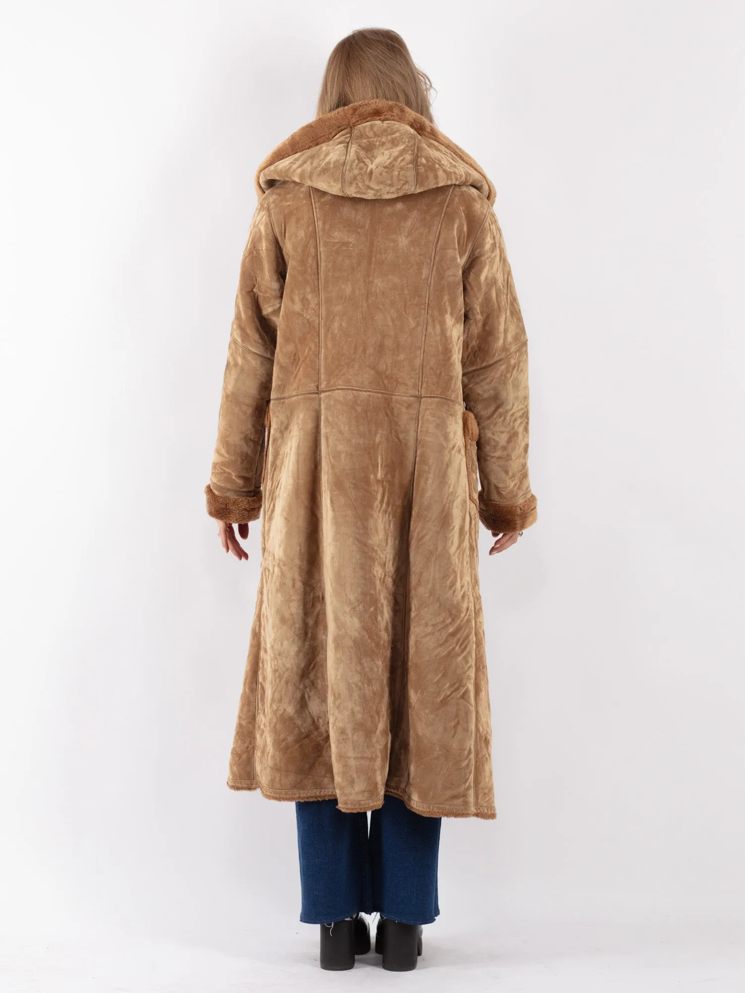 Vintage 90's Women Faux Sheepskin Long Coat in Beige