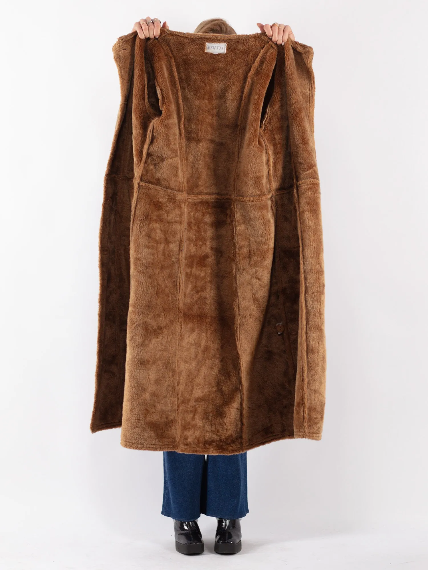 Vintage 90's Women Faux Sheepskin Long Coat in Beige