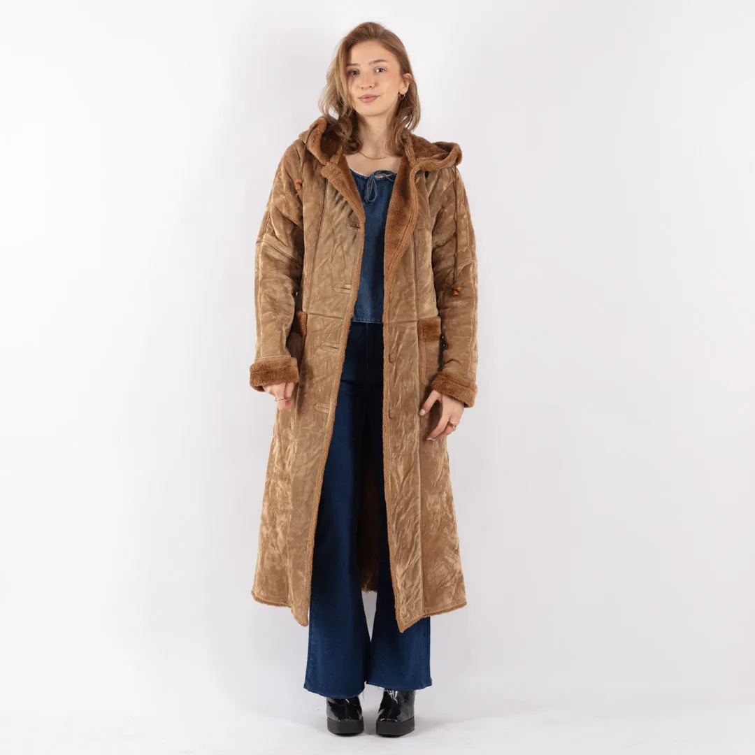 Vintage 90's Women Faux Sheepskin Long Coat in Beige