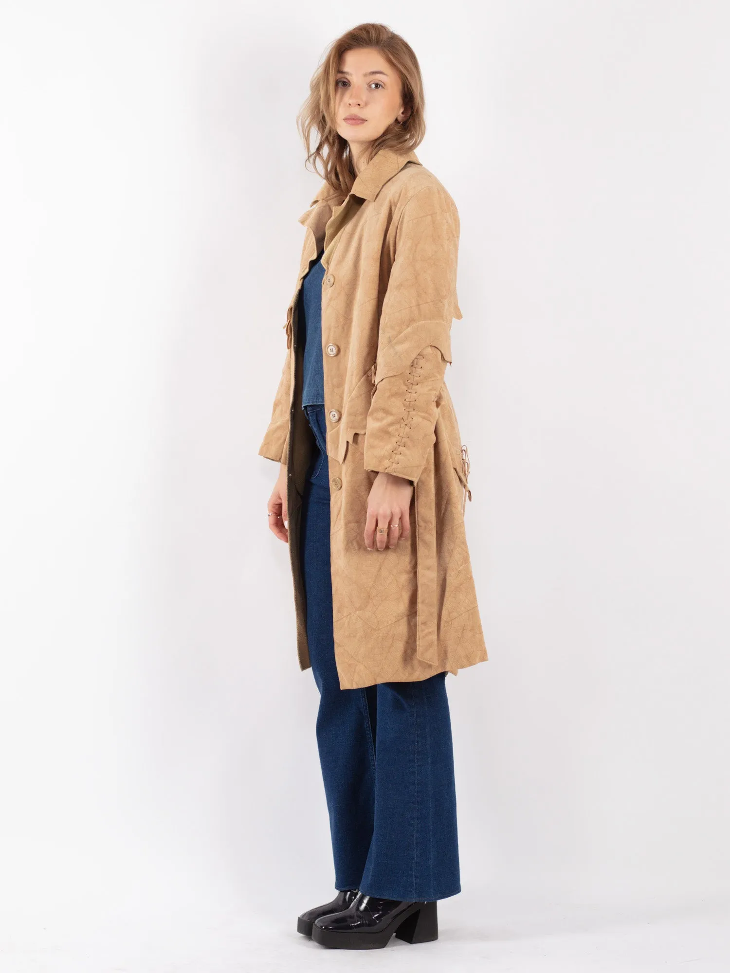 Vintage 90's Women Faux Suede Coat in Beige