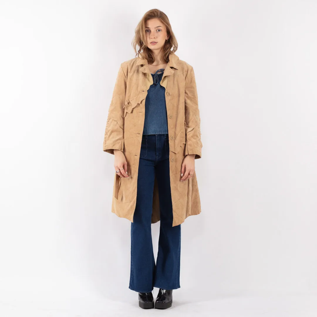 Vintage 90's Women Faux Suede Coat in Beige