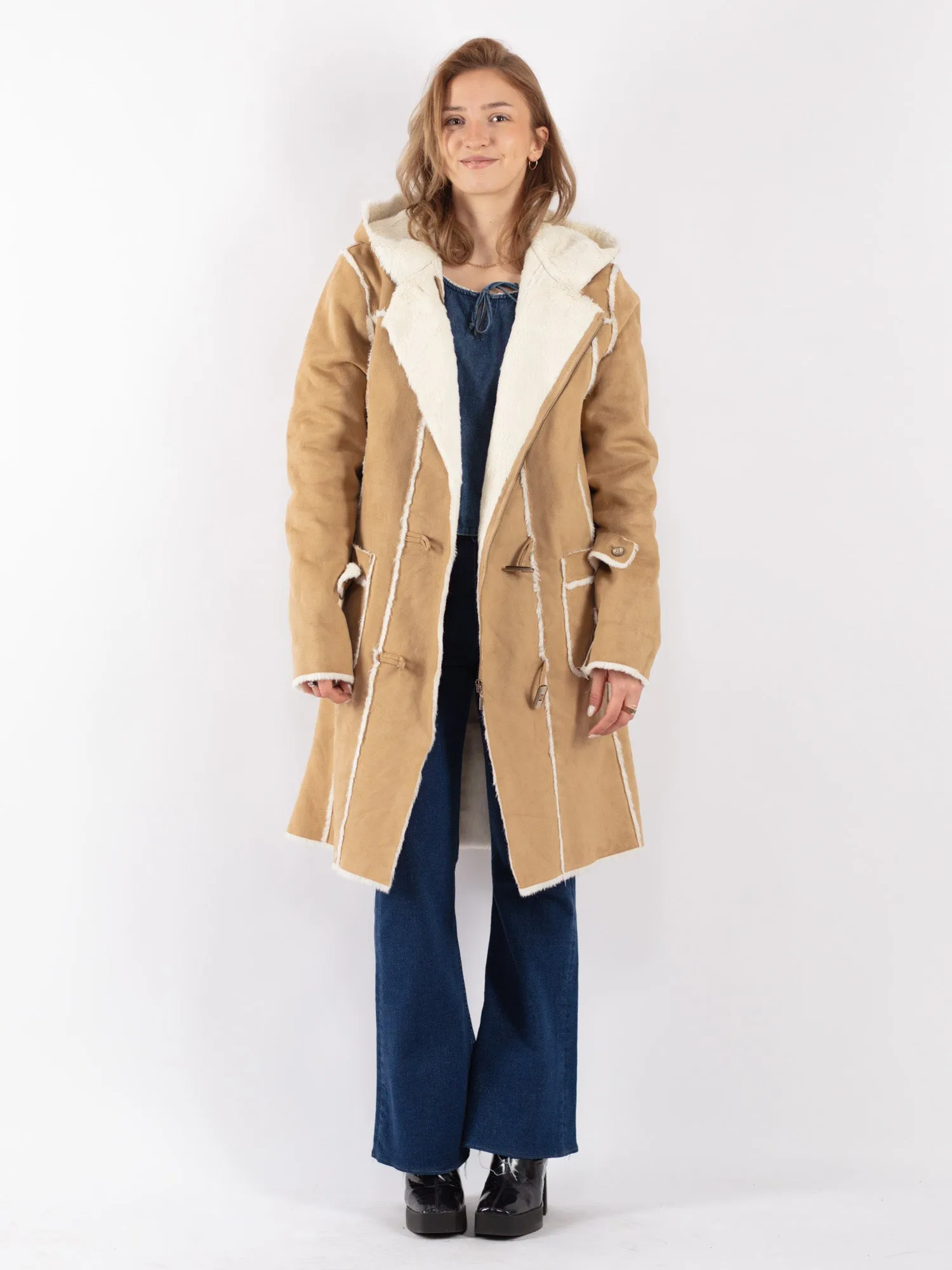 Vintage 90's Women Hooded Faux Sheepskin Coat in Beige