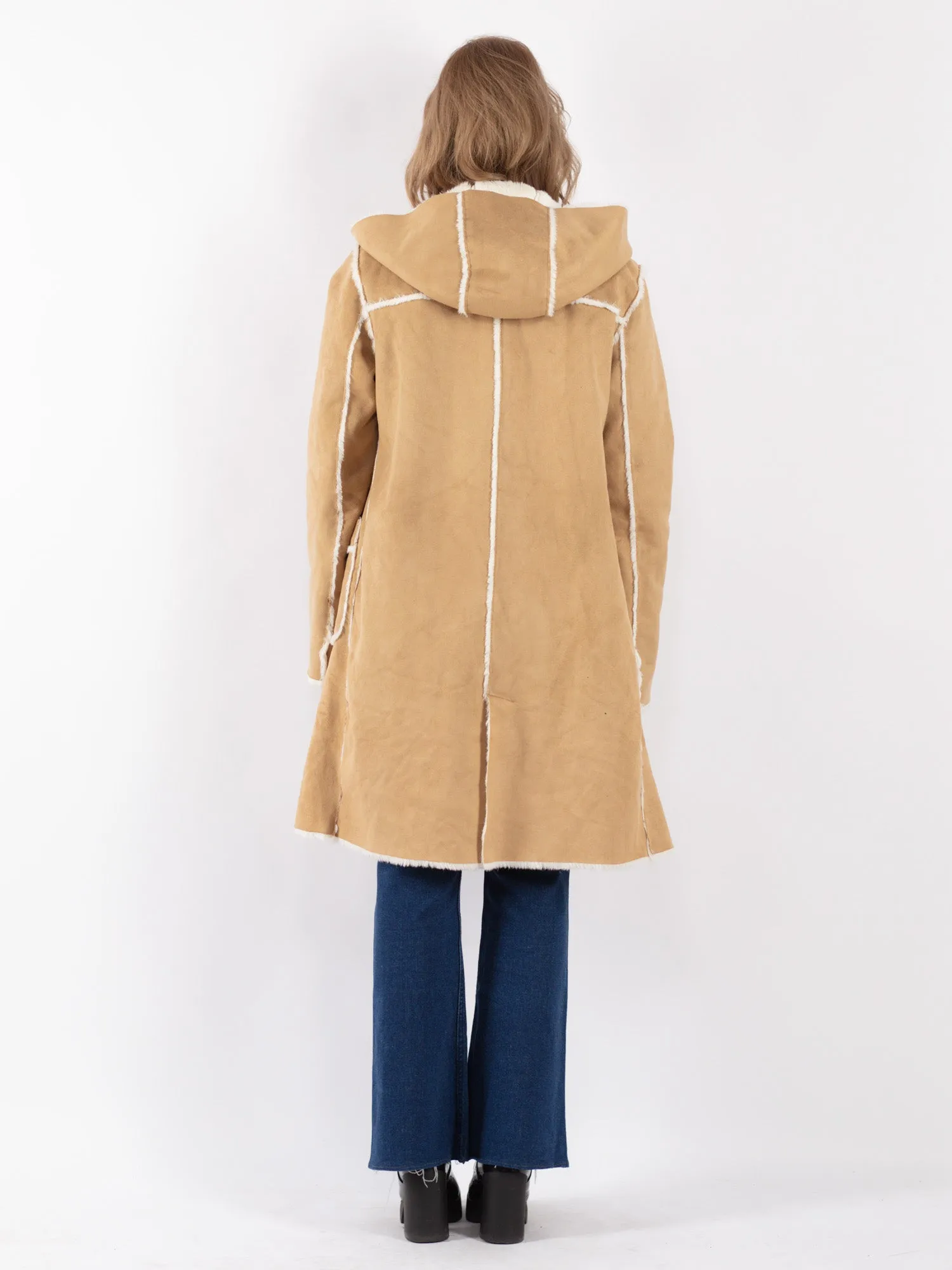 Vintage 90's Women Hooded Faux Sheepskin Coat in Beige