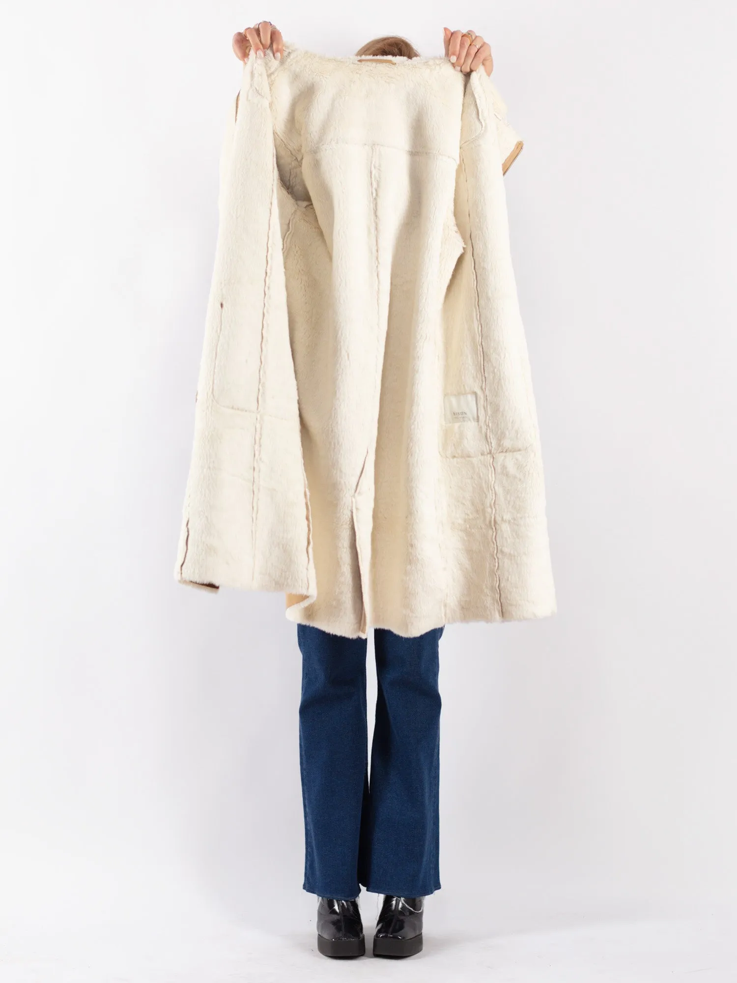 Vintage 90's Women Hooded Faux Sheepskin Coat in Beige