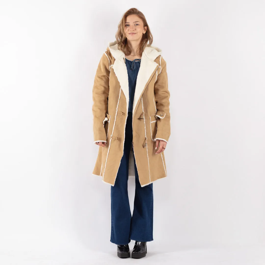 Vintage 90's Women Hooded Faux Sheepskin Coat in Beige