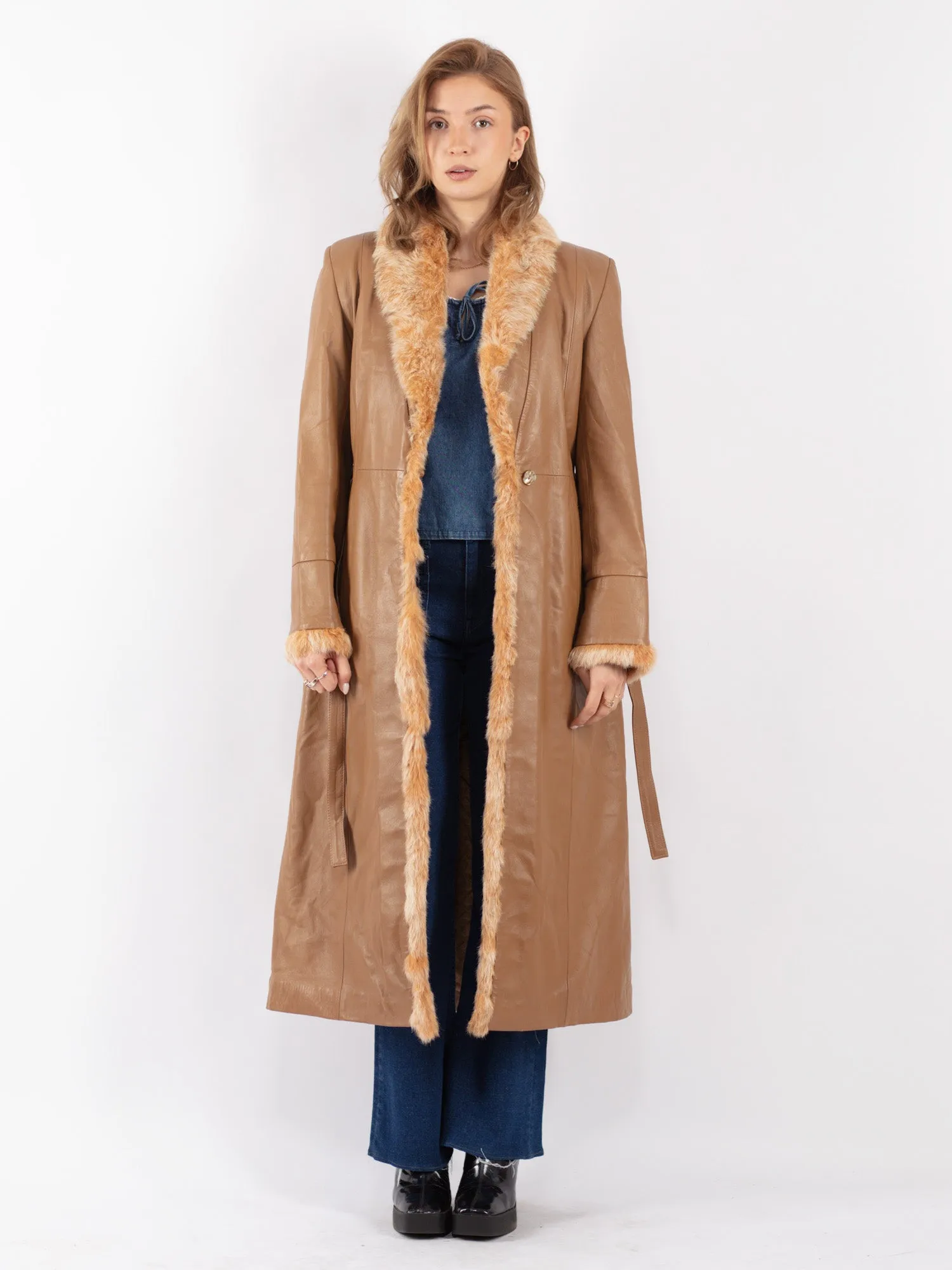 Vintage 90's Women Leather Fur Long Coat in Beige