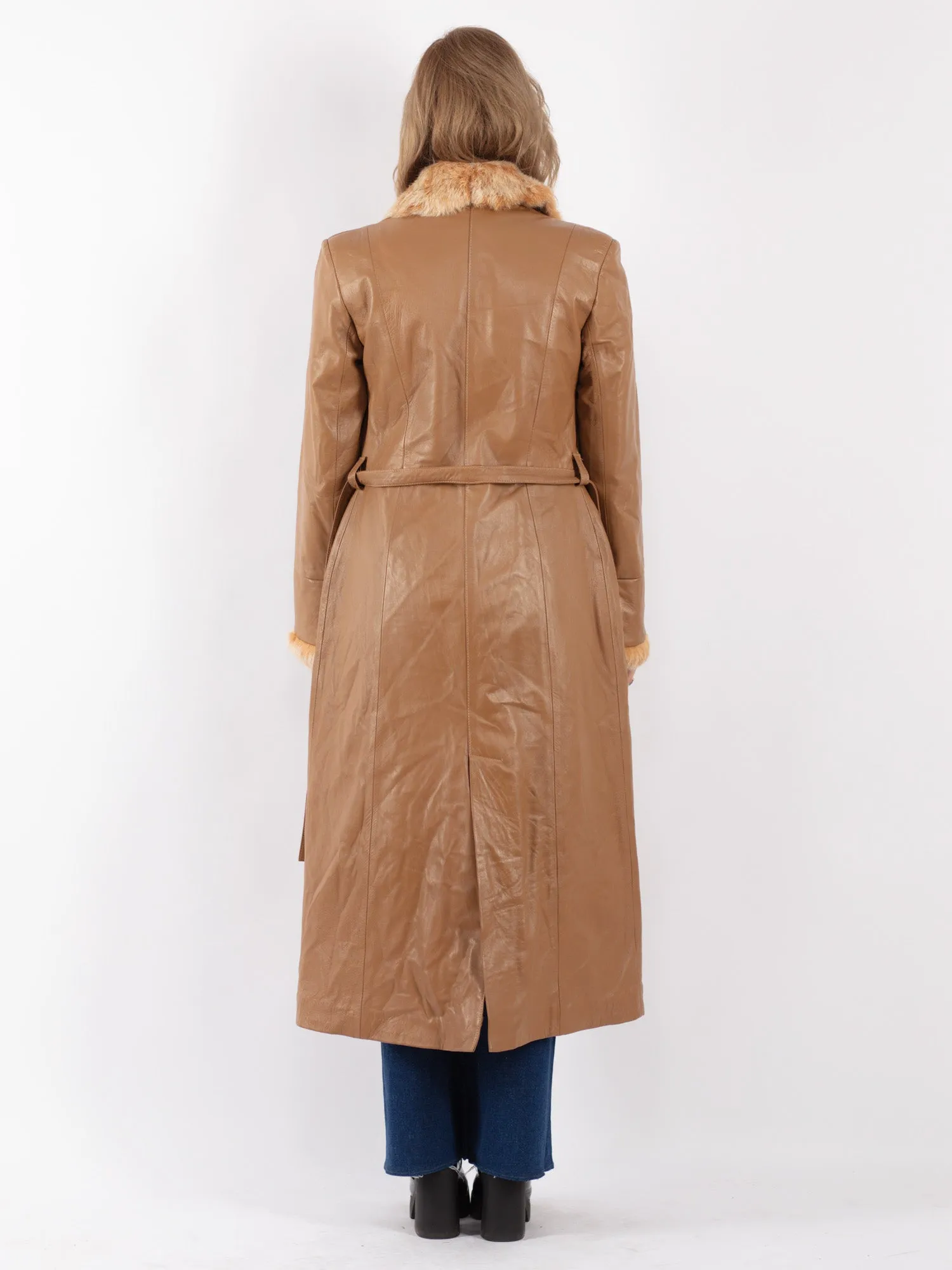 Vintage 90's Women Leather Fur Long Coat in Beige