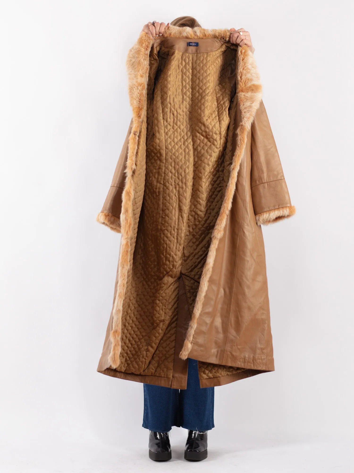 Vintage 90's Women Leather Fur Long Coat in Beige