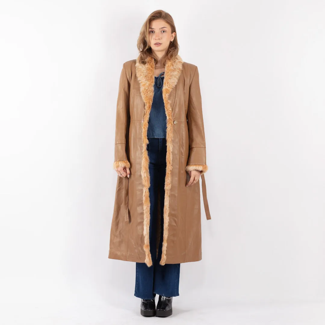 Vintage 90's Women Leather Fur Long Coat in Beige