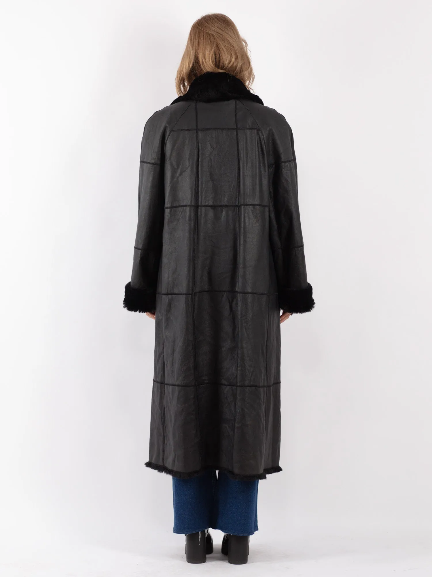 Vintage 90's Women Leather Fur Long Coat in Black