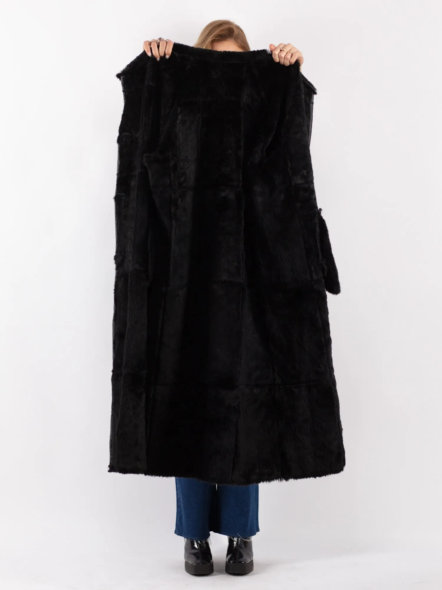 Vintage 90's Women Leather Fur Long Coat in Black