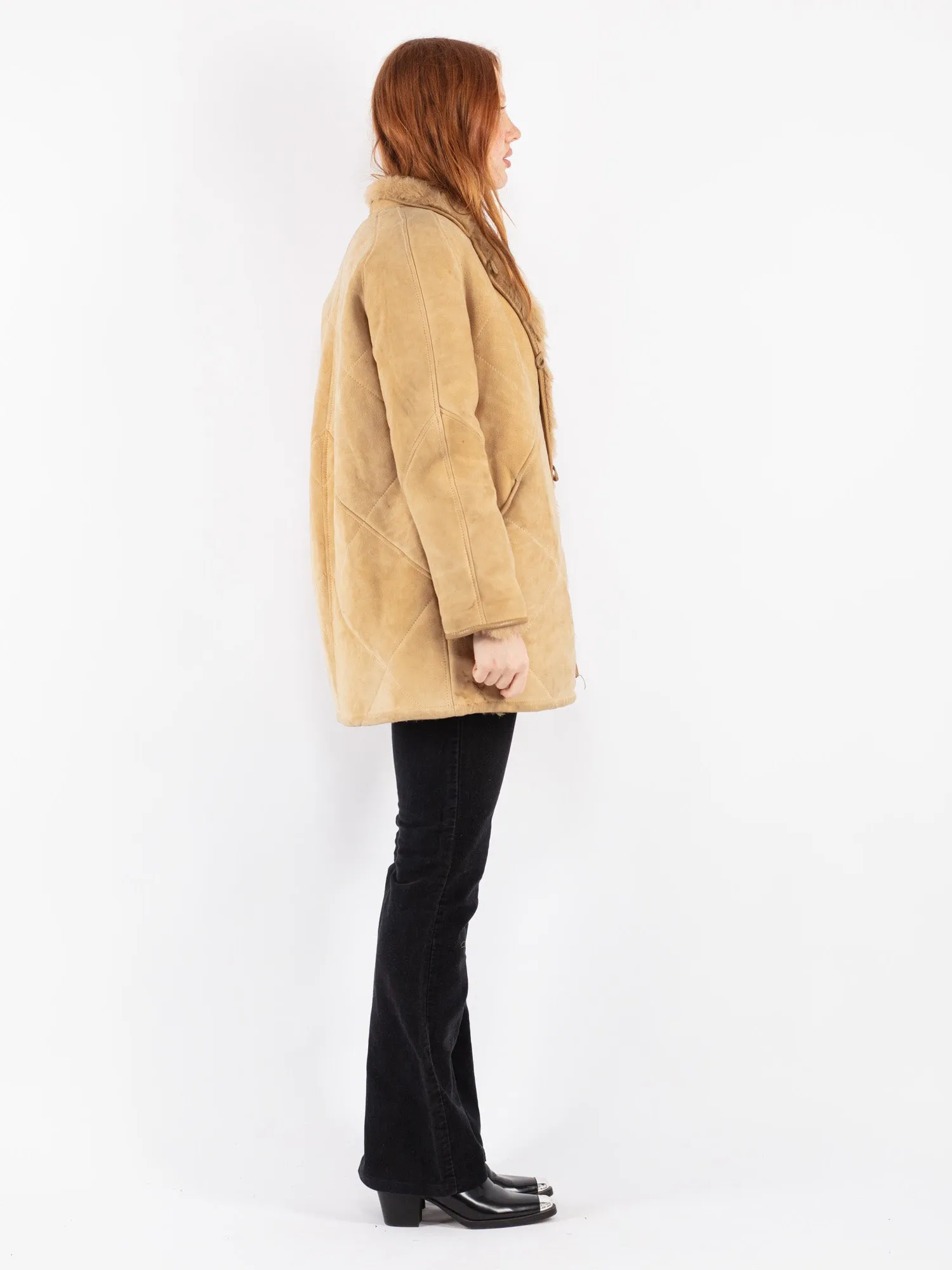 Vintage 90's Women Sheepskin Coat in Beige