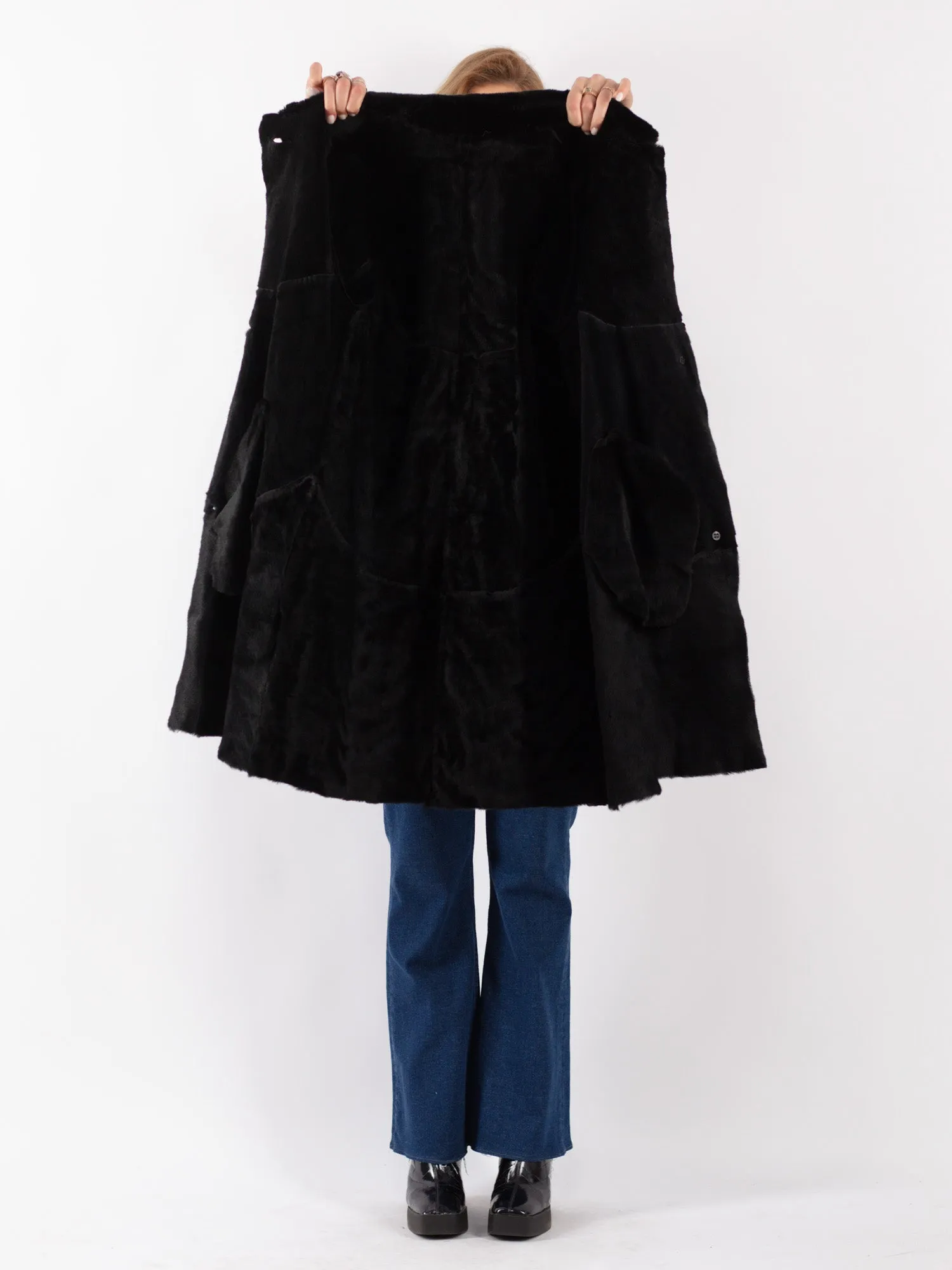 Vintage 90's Women Sheepskin Shearling Coat in Black