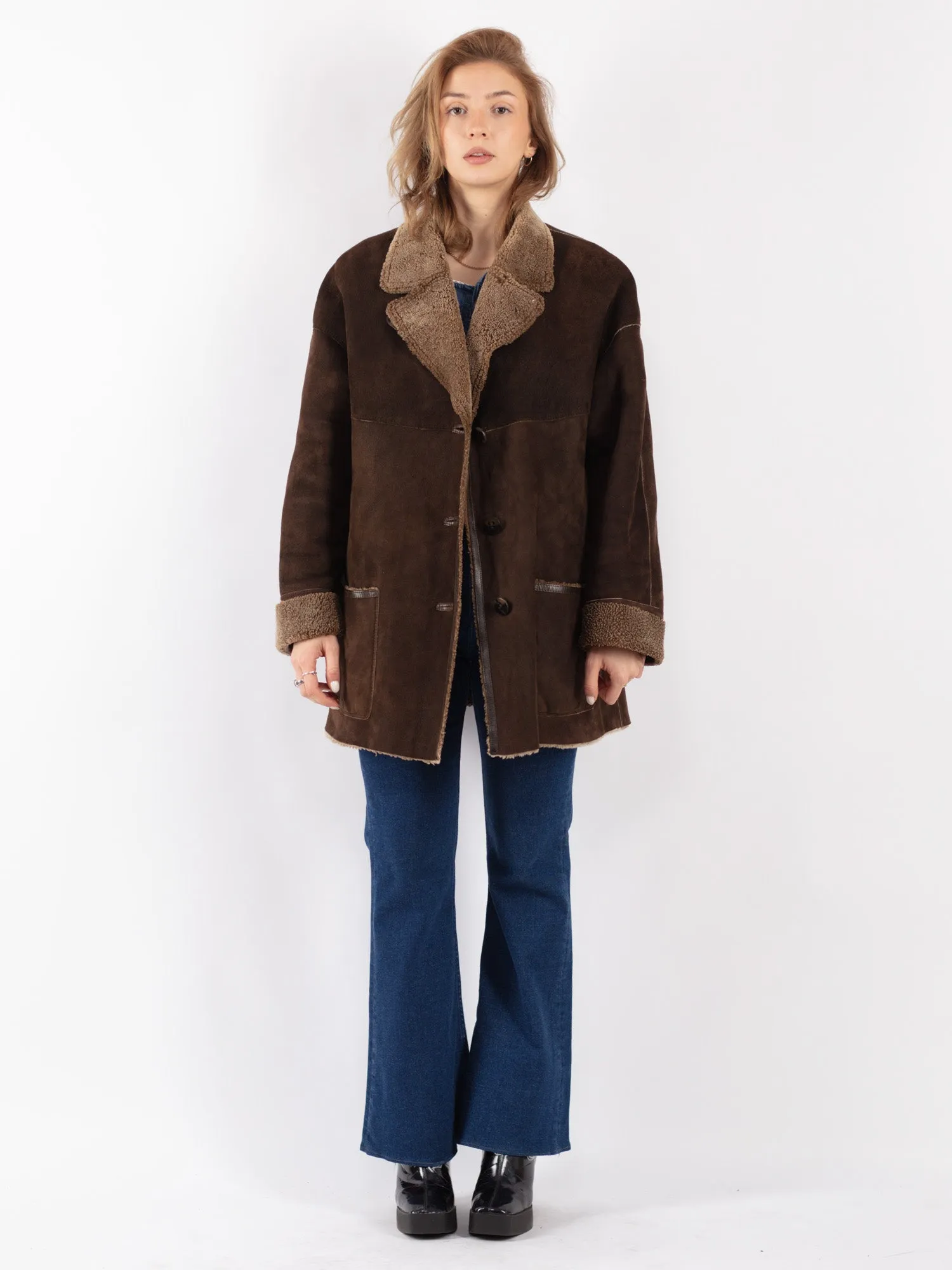 Vintage 90's Women Sheepskin Shearling Coat in Brown