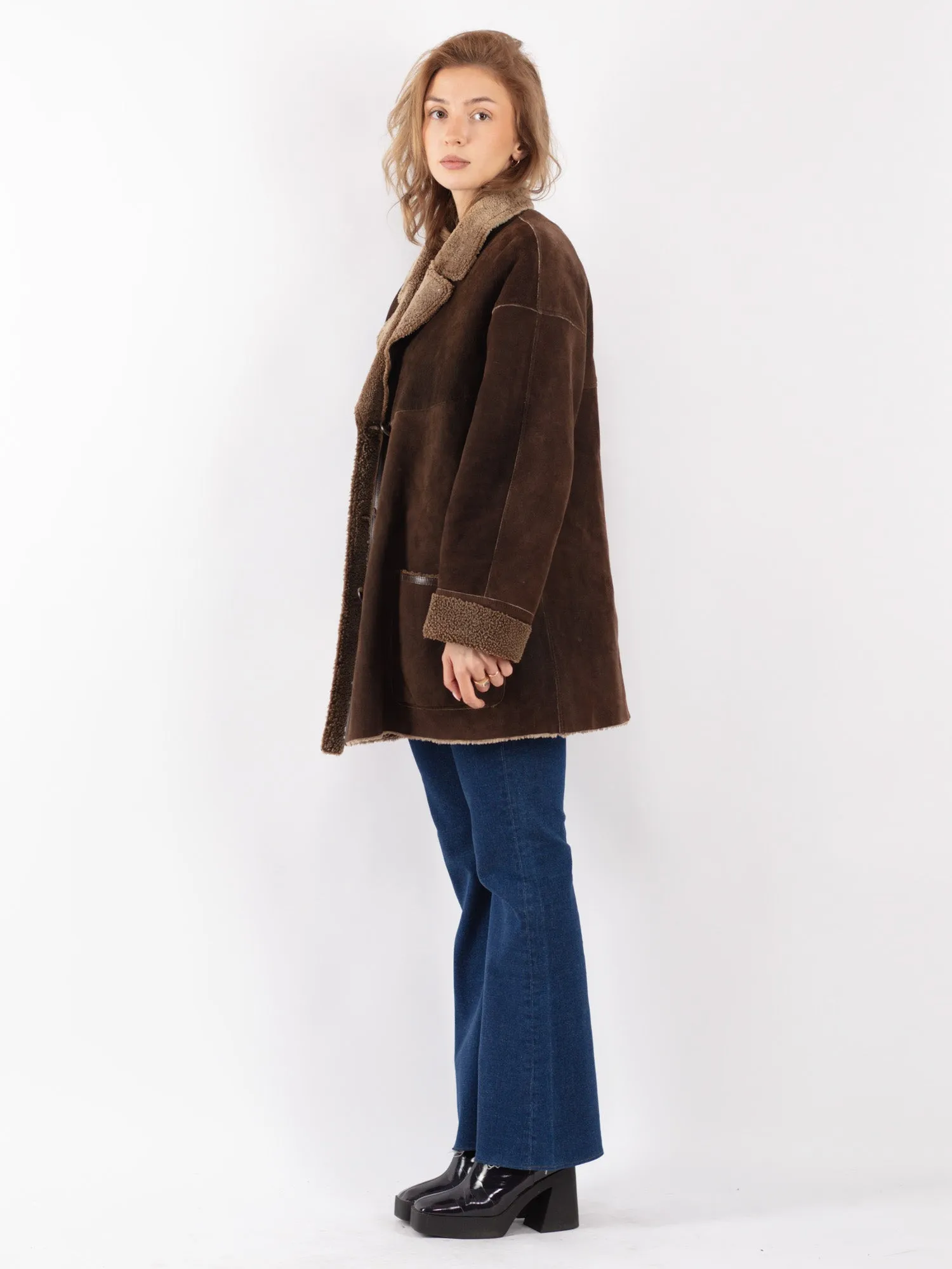 Vintage 90's Women Sheepskin Shearling Coat in Brown