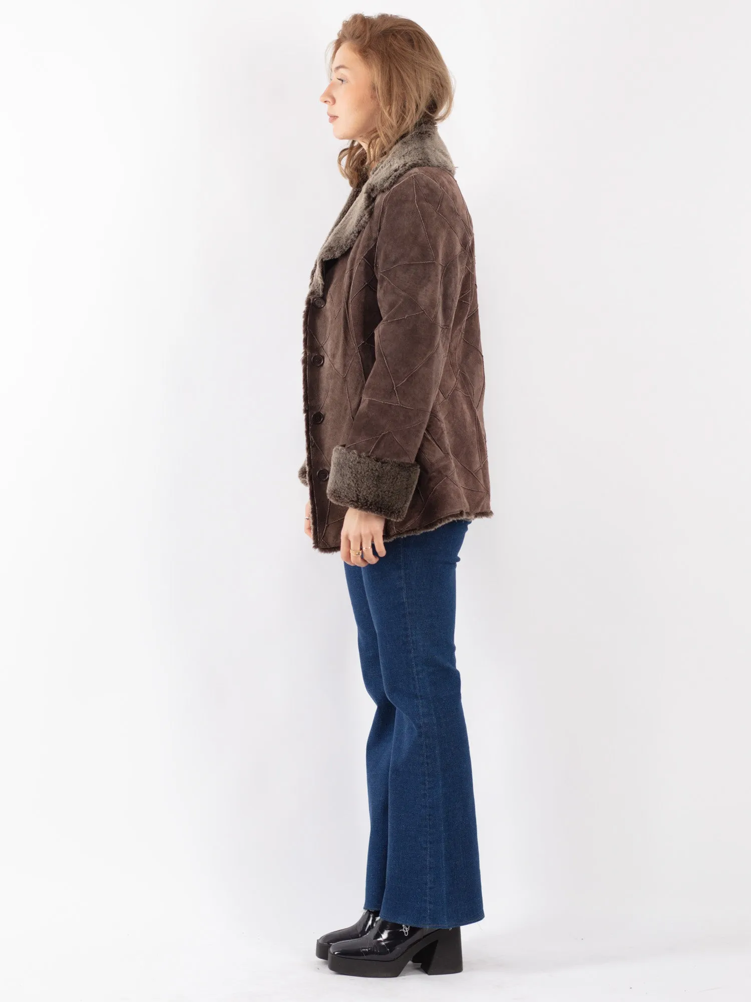 Vintage 90's Women Suede Sherpa Coat in Brown