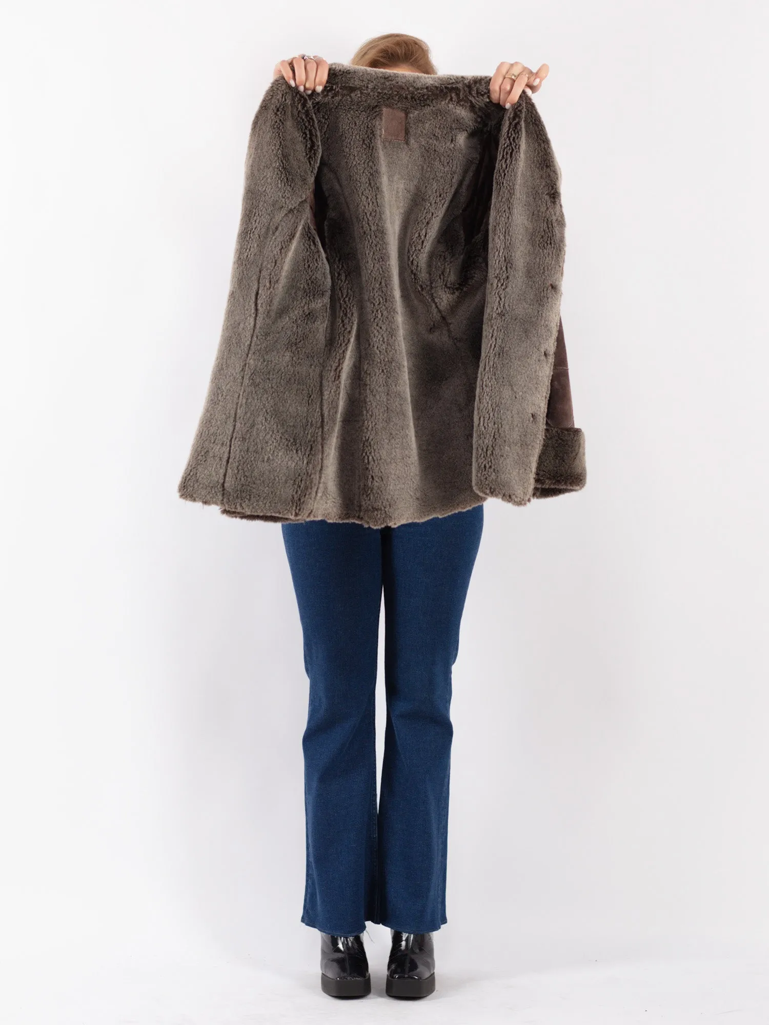 Vintage 90's Women Suede Sherpa Coat in Brown