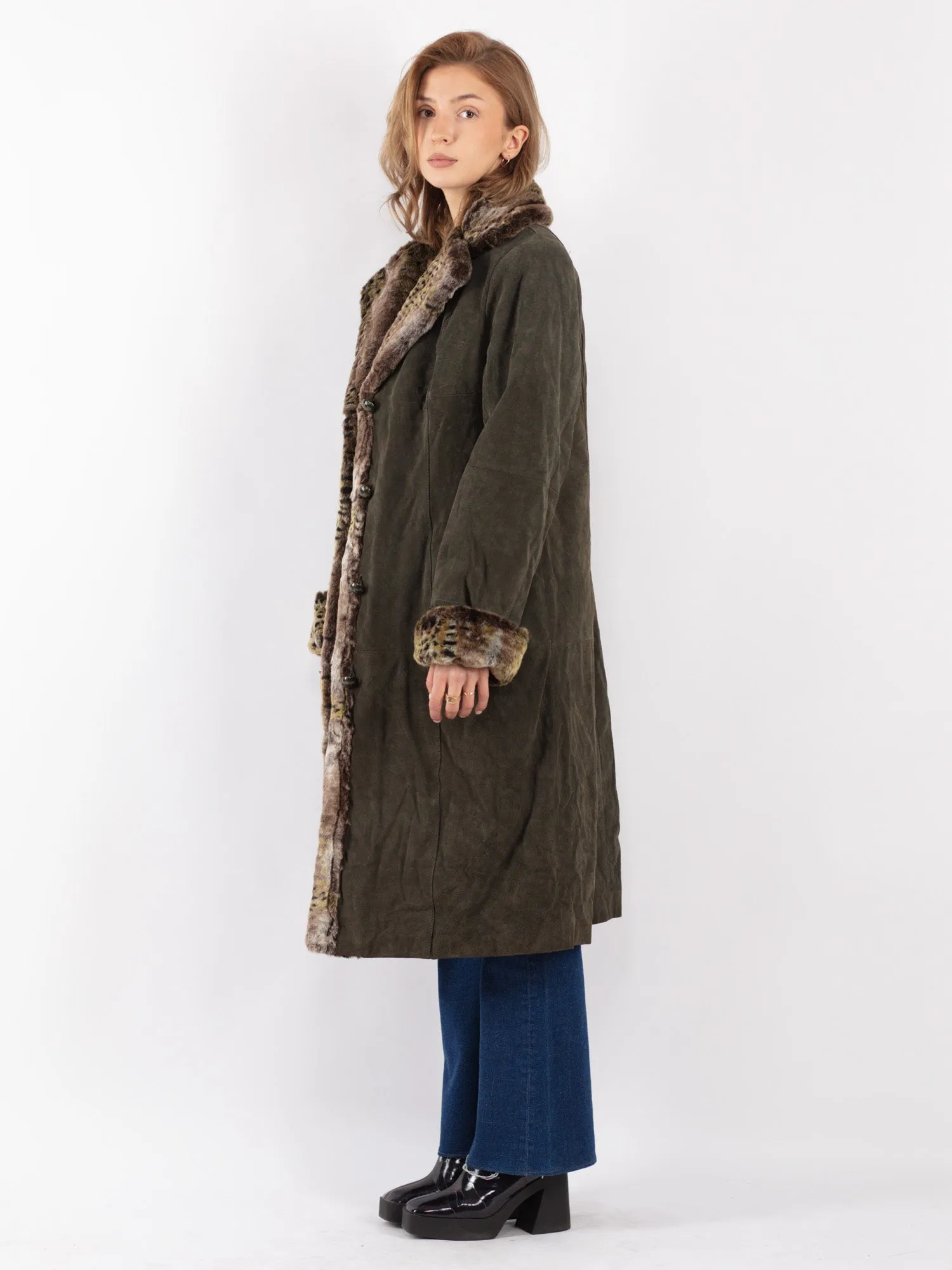 Vintage 90's Women Suede Sherpa Coat in Green