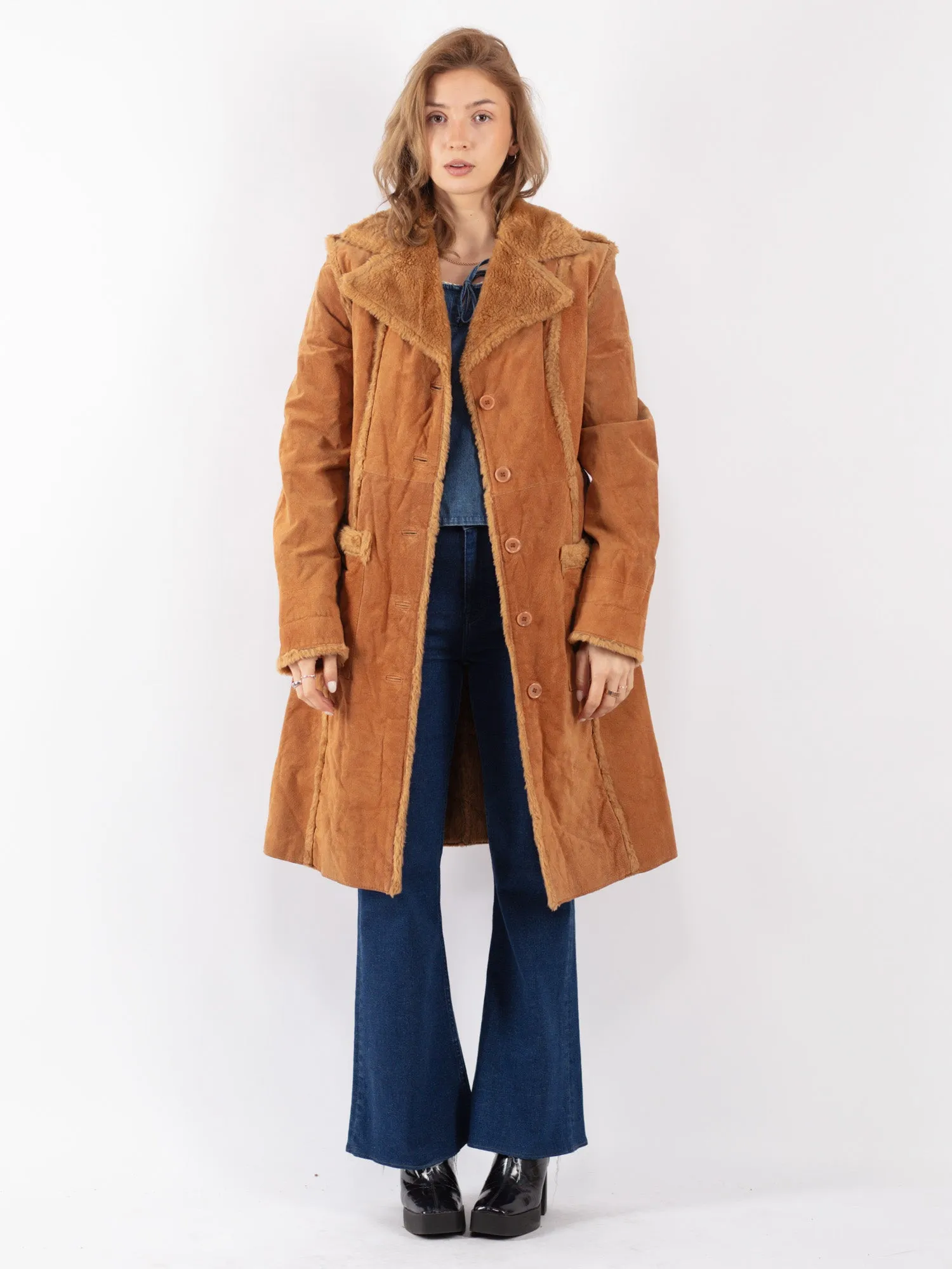 Vintage 90's Women Suede Sherpa Long Coat in Brown