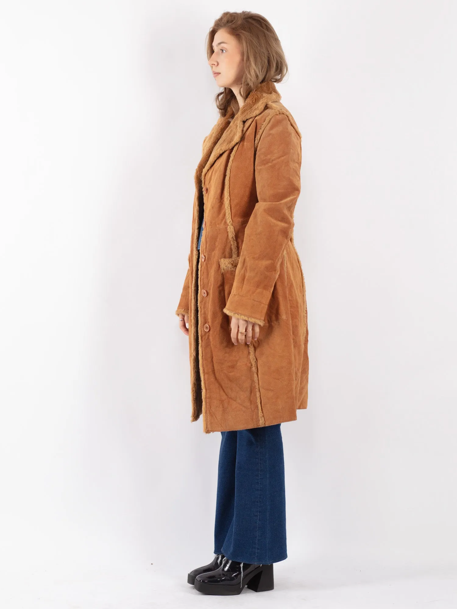 Vintage 90's Women Suede Sherpa Long Coat in Brown