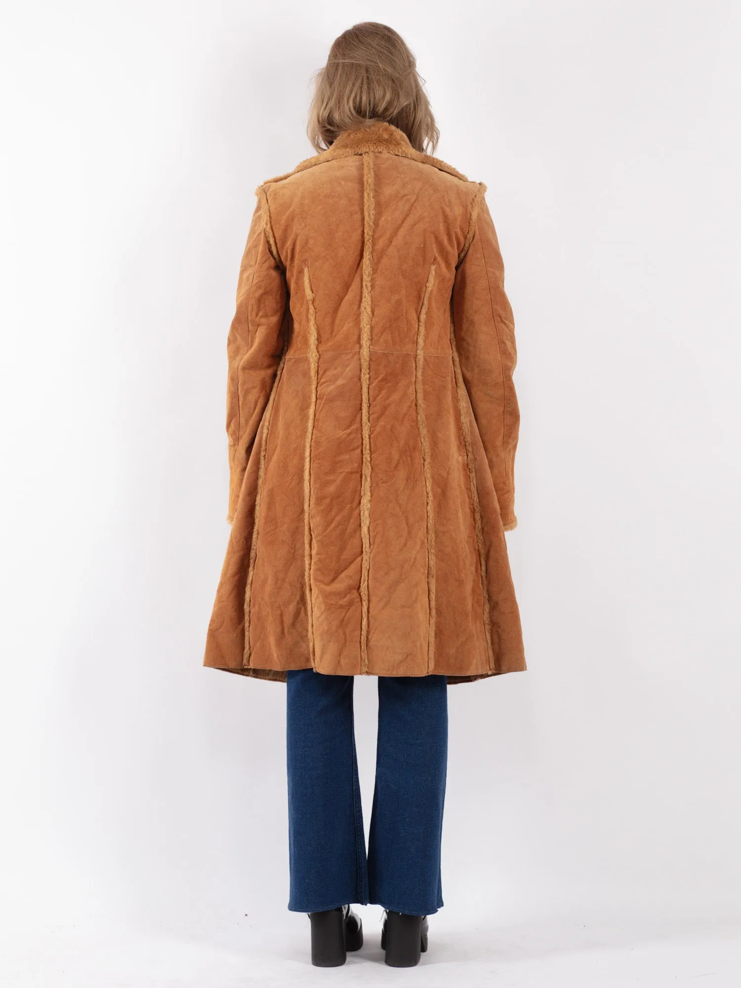 Vintage 90's Women Suede Sherpa Long Coat in Brown