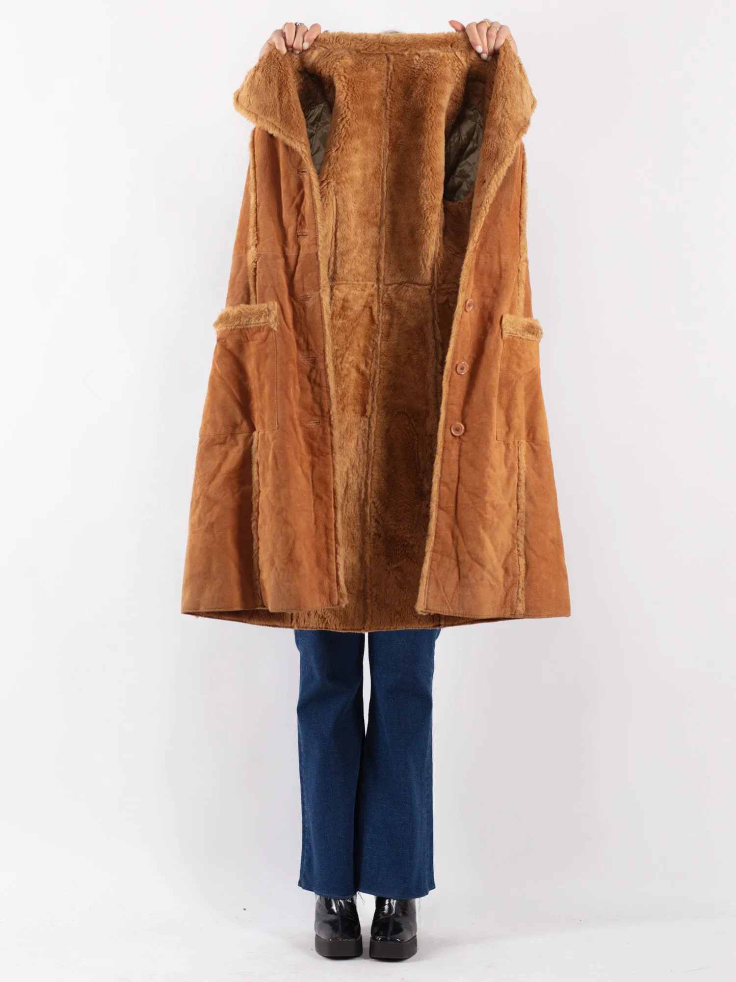 Vintage 90's Women Suede Sherpa Long Coat in Brown