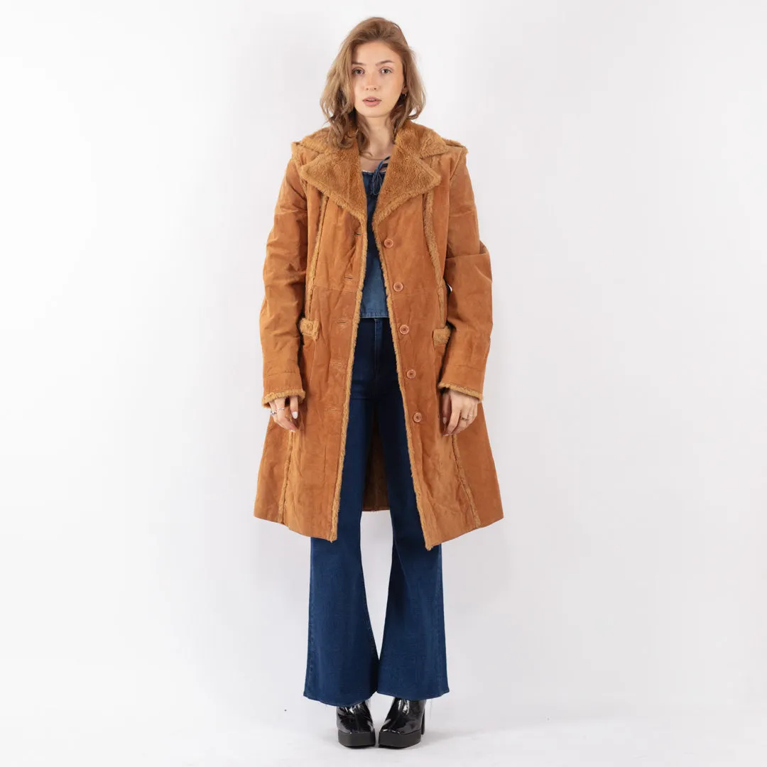 Vintage 90's Women Suede Sherpa Long Coat in Brown